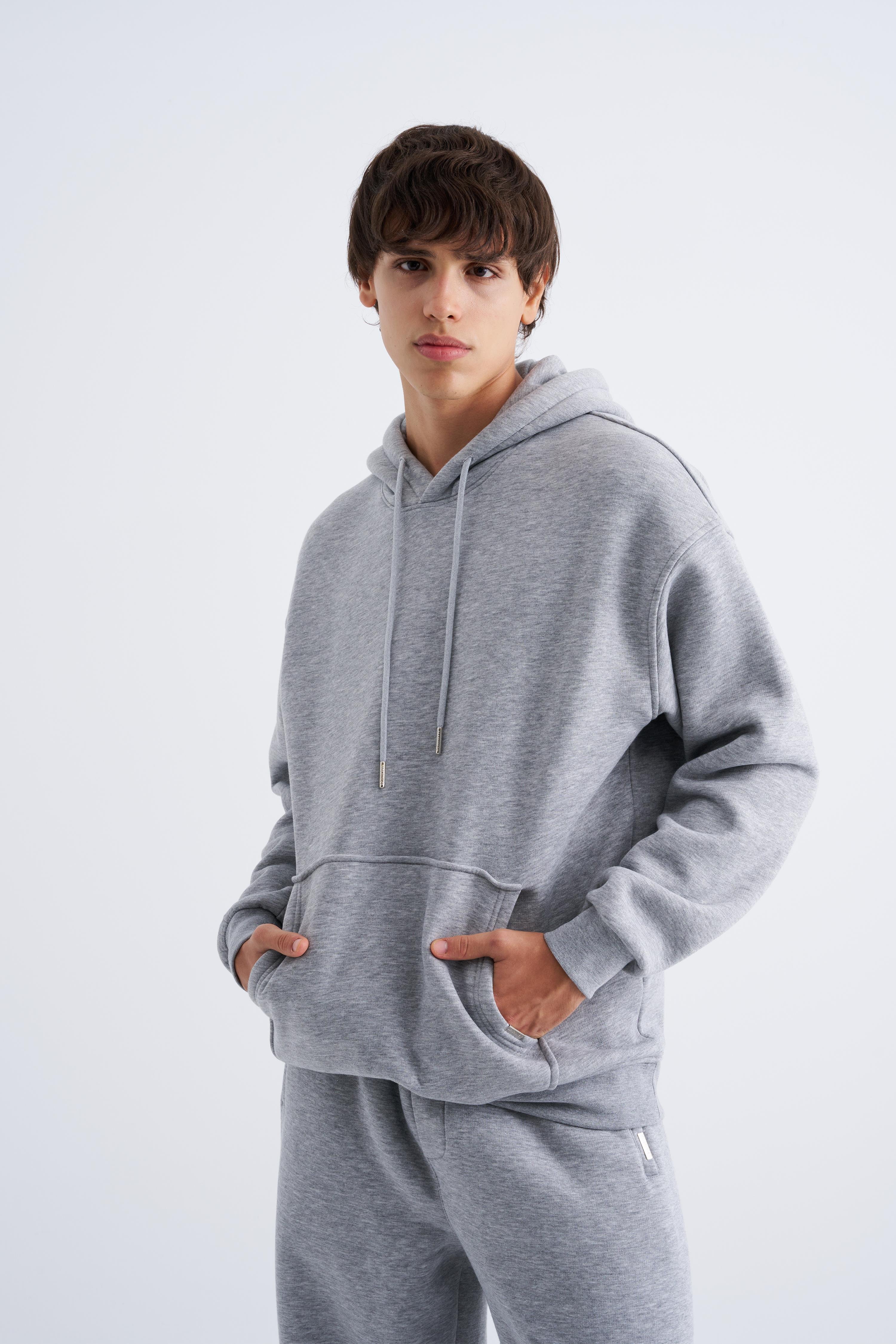Erkek Oversize Basic Kapüşonlu Sweatshirt GREY MELANGE