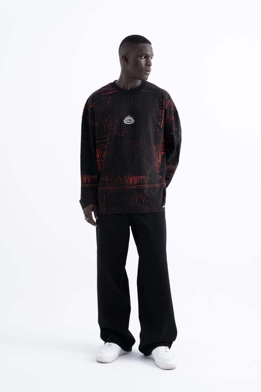 Erkek Oversize Baskılı Siyah Swearshirt