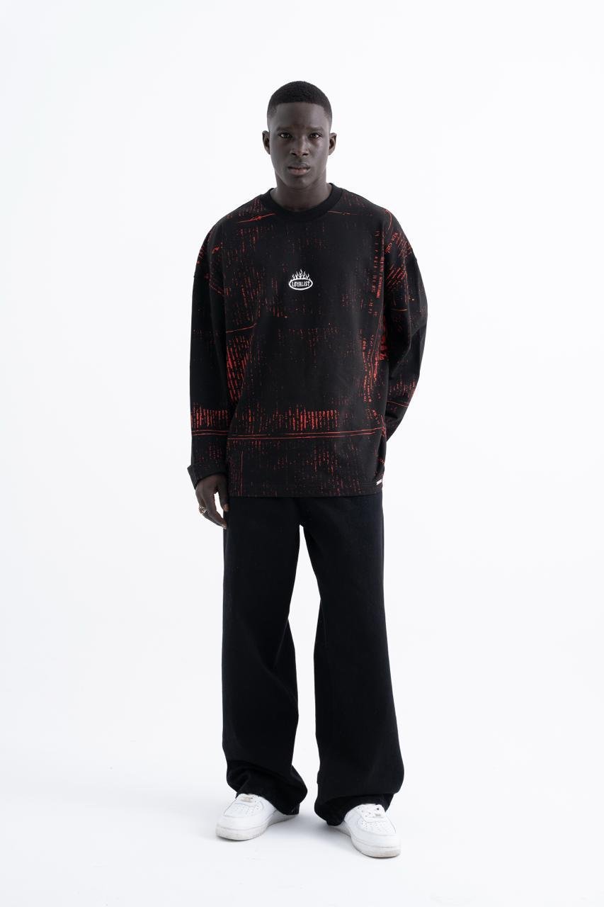 Erkek Oversize Baskılı Siyah Swearshirt