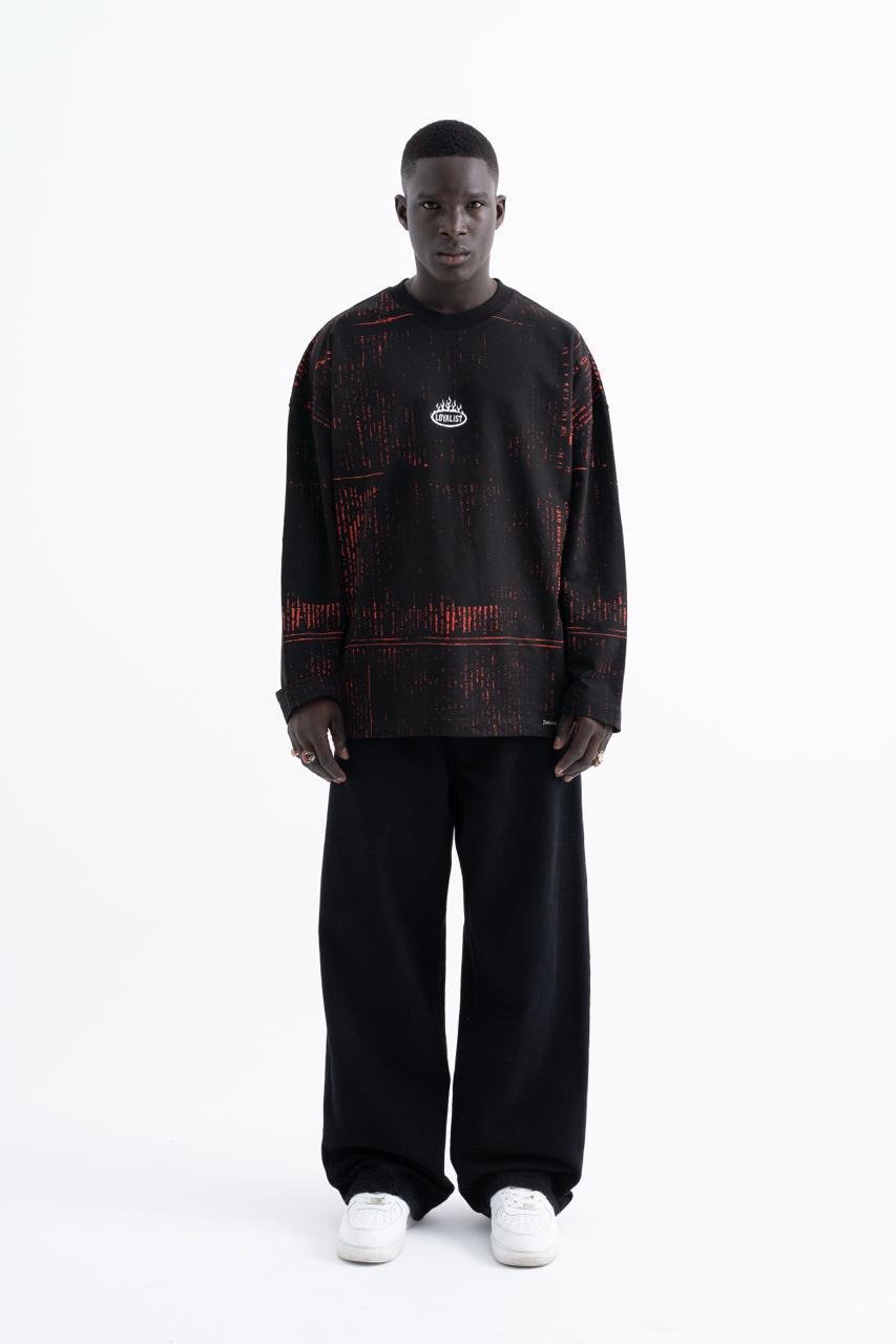 Erkek Oversize Baskılı Siyah Swearshirt