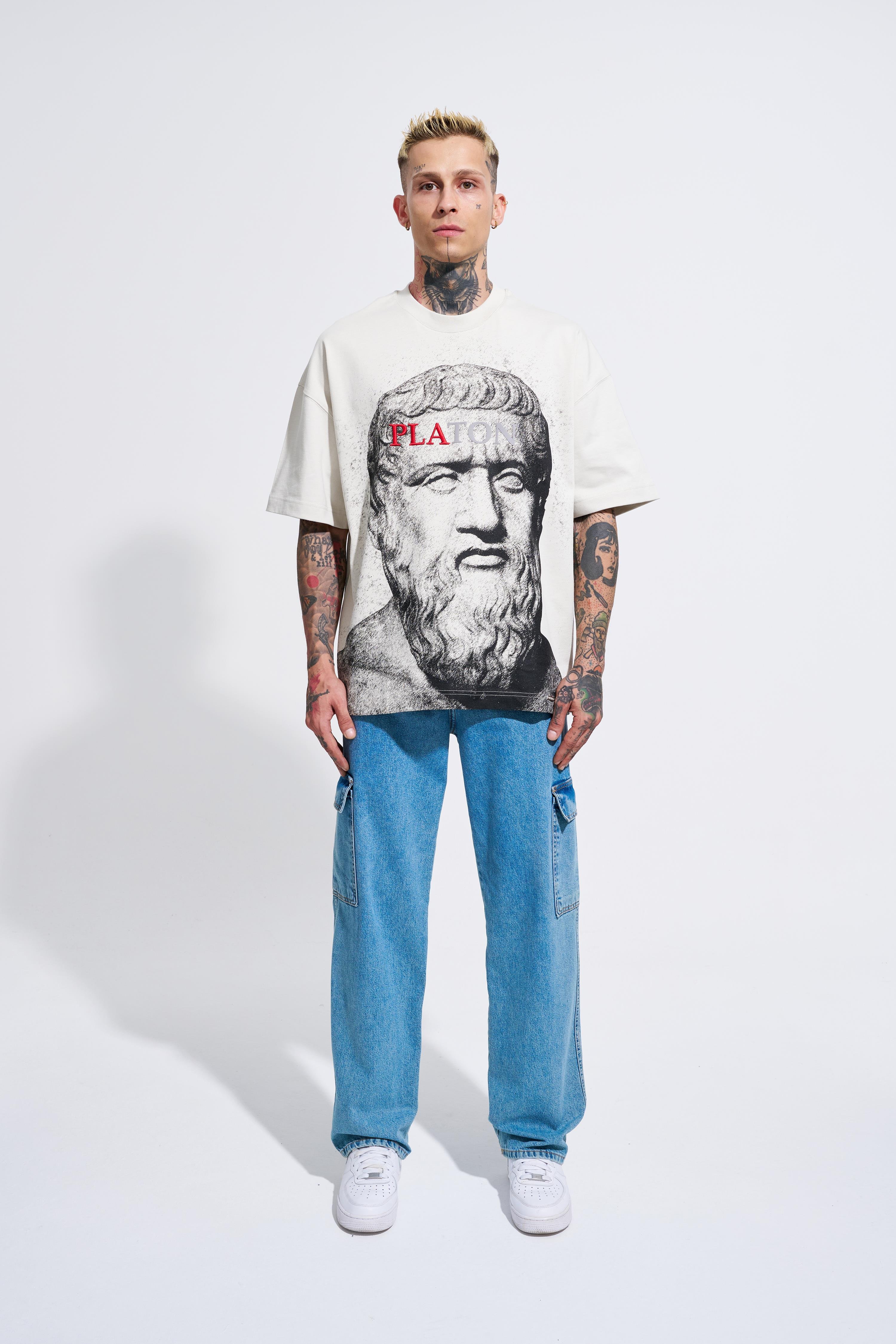 Erkek Premium Platon Oversize Gri Tişört