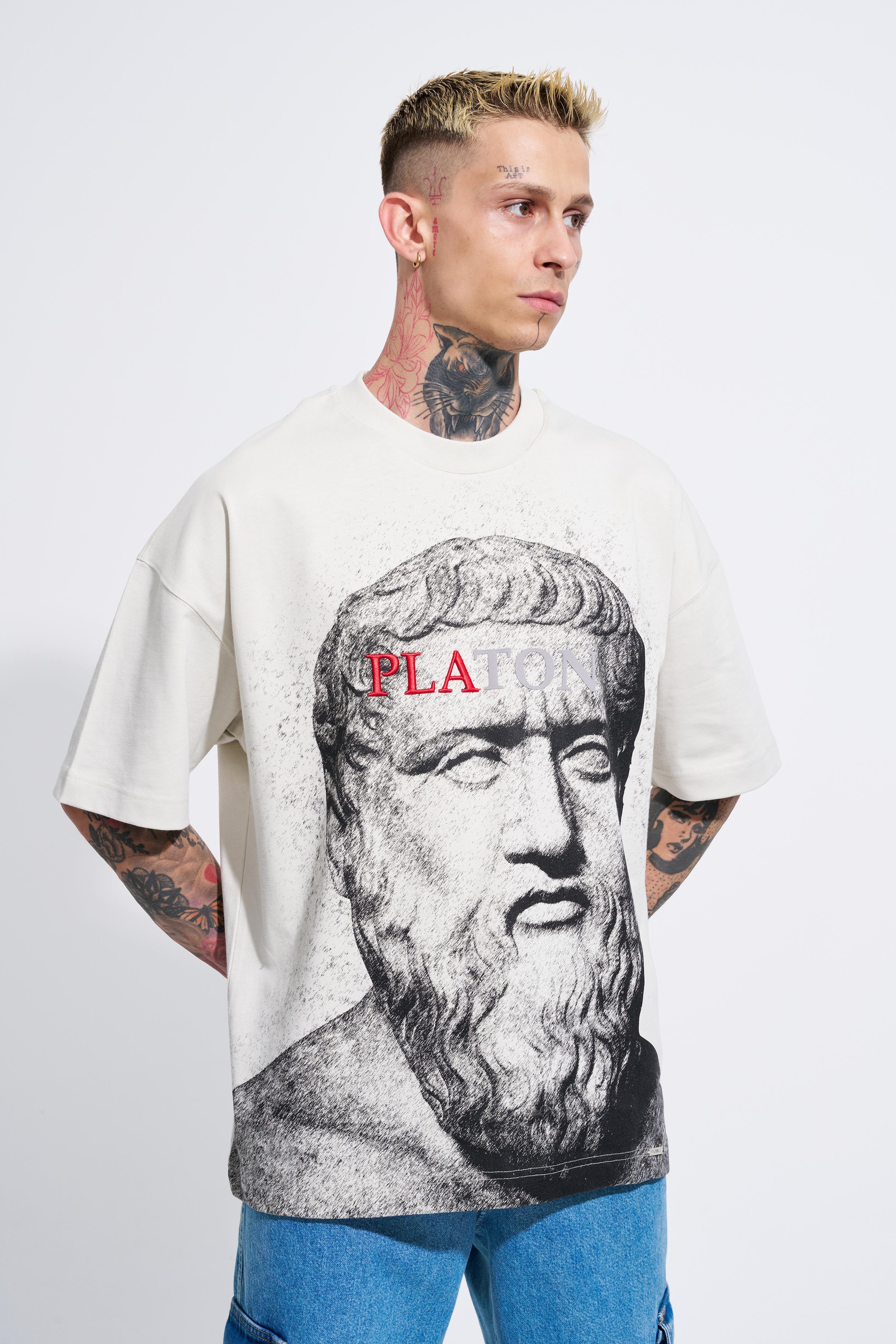 Erkek Premium Platon Oversize Gri Tişört