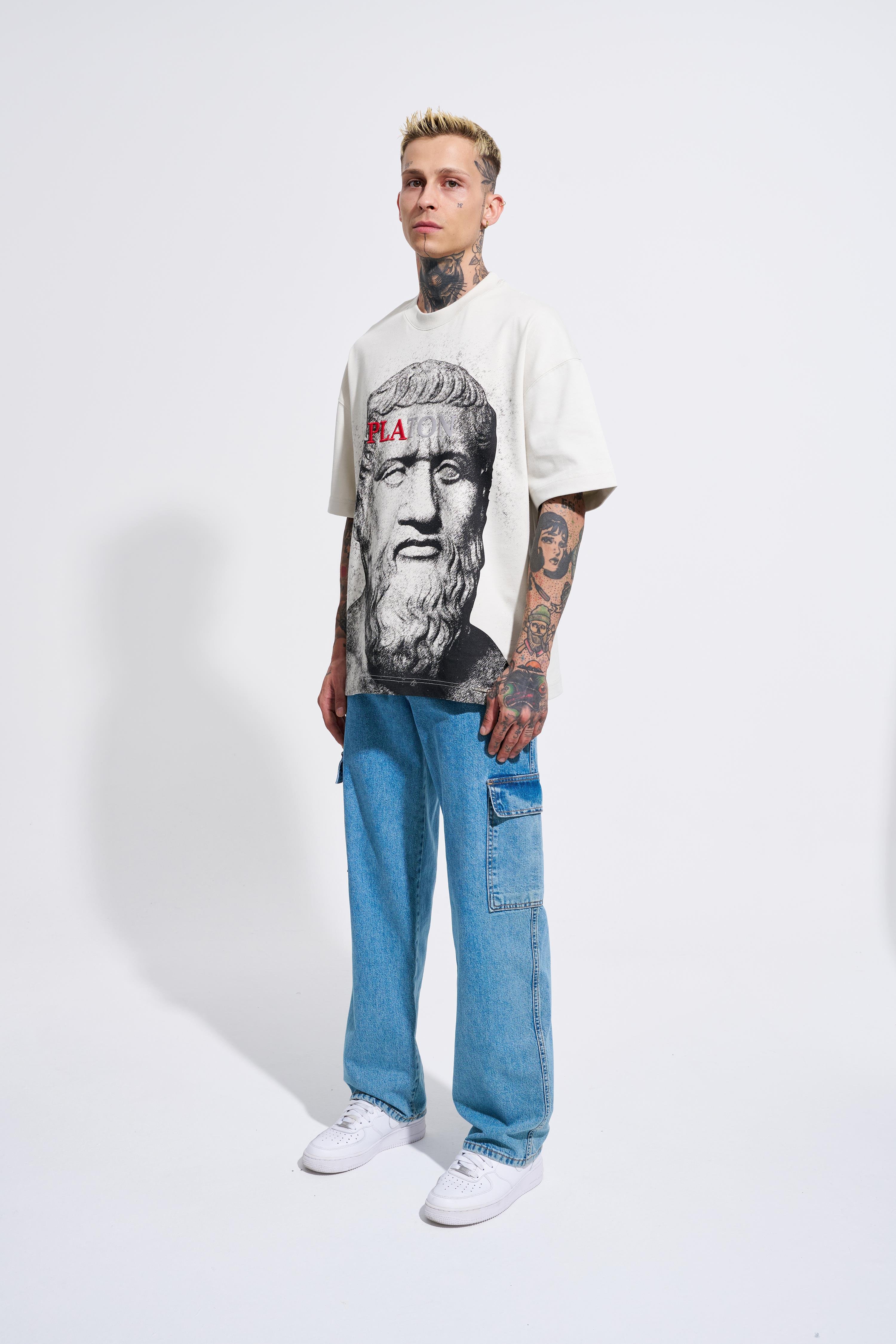 Erkek Premium Platon Oversize Gri Tişört