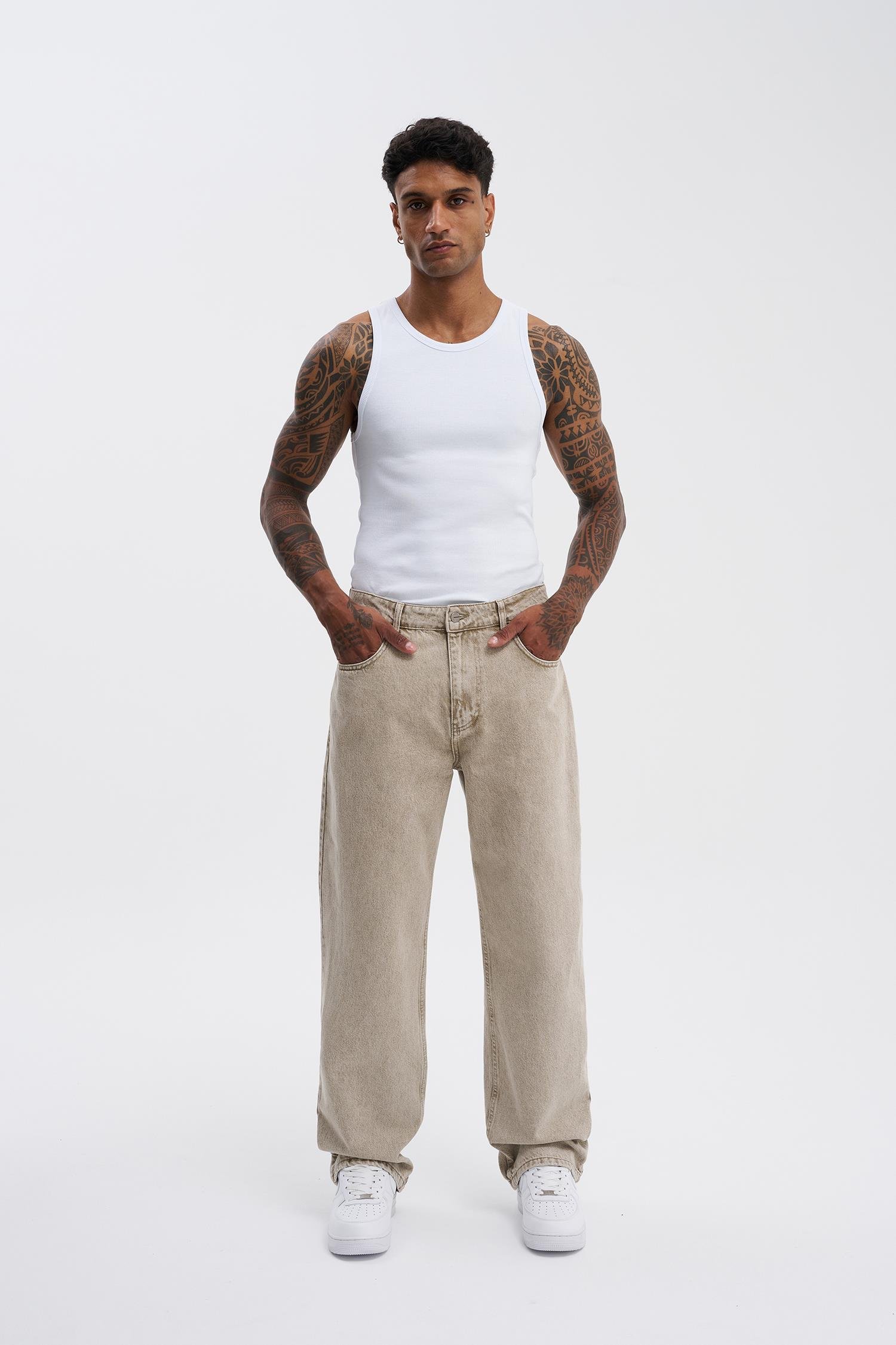 Erkek Relaxed Baggy Jean Efektli Beige Pantolon