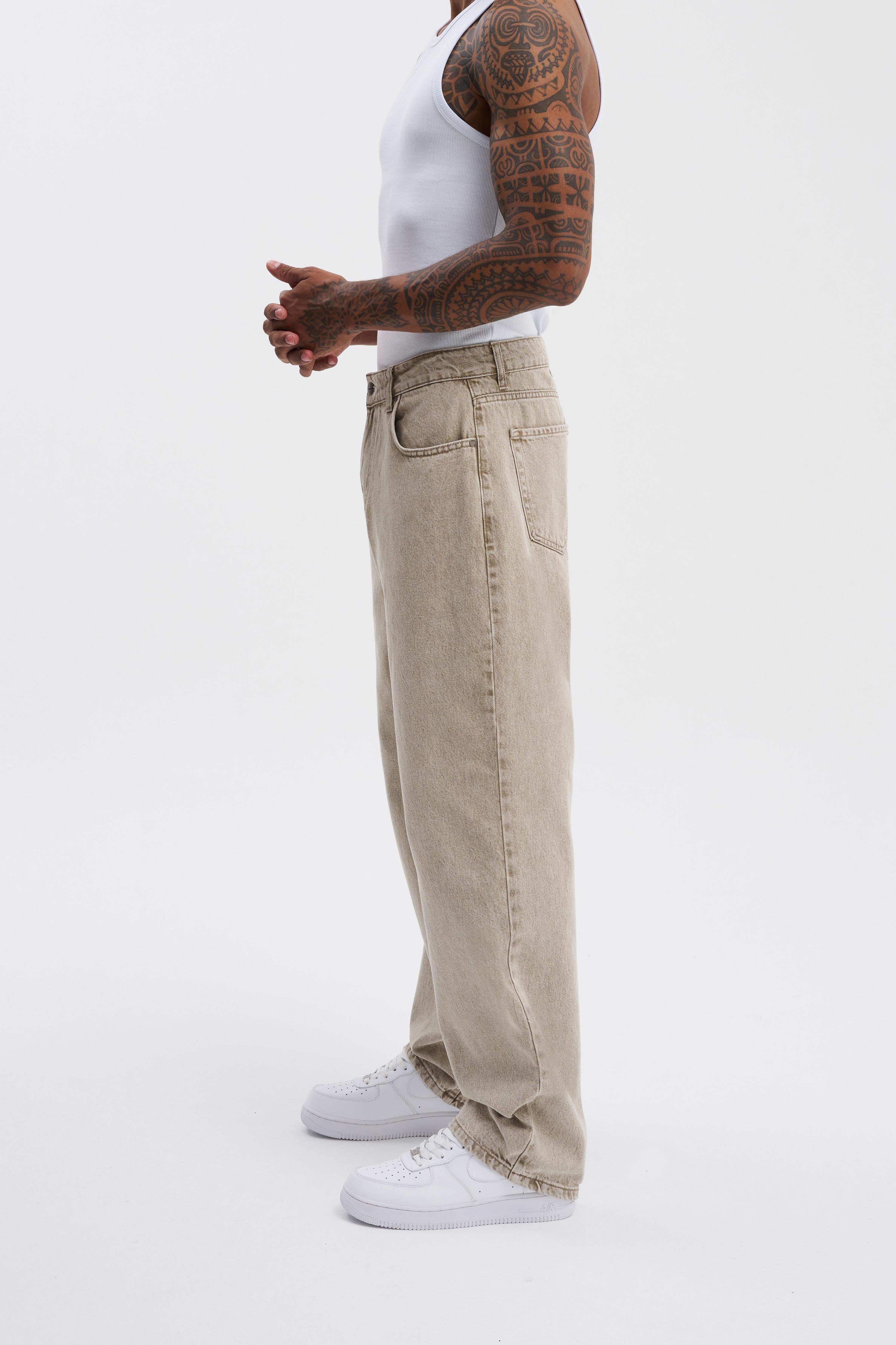 Erkek Relaxed Baggy Jean Efektli Beige Pantolon