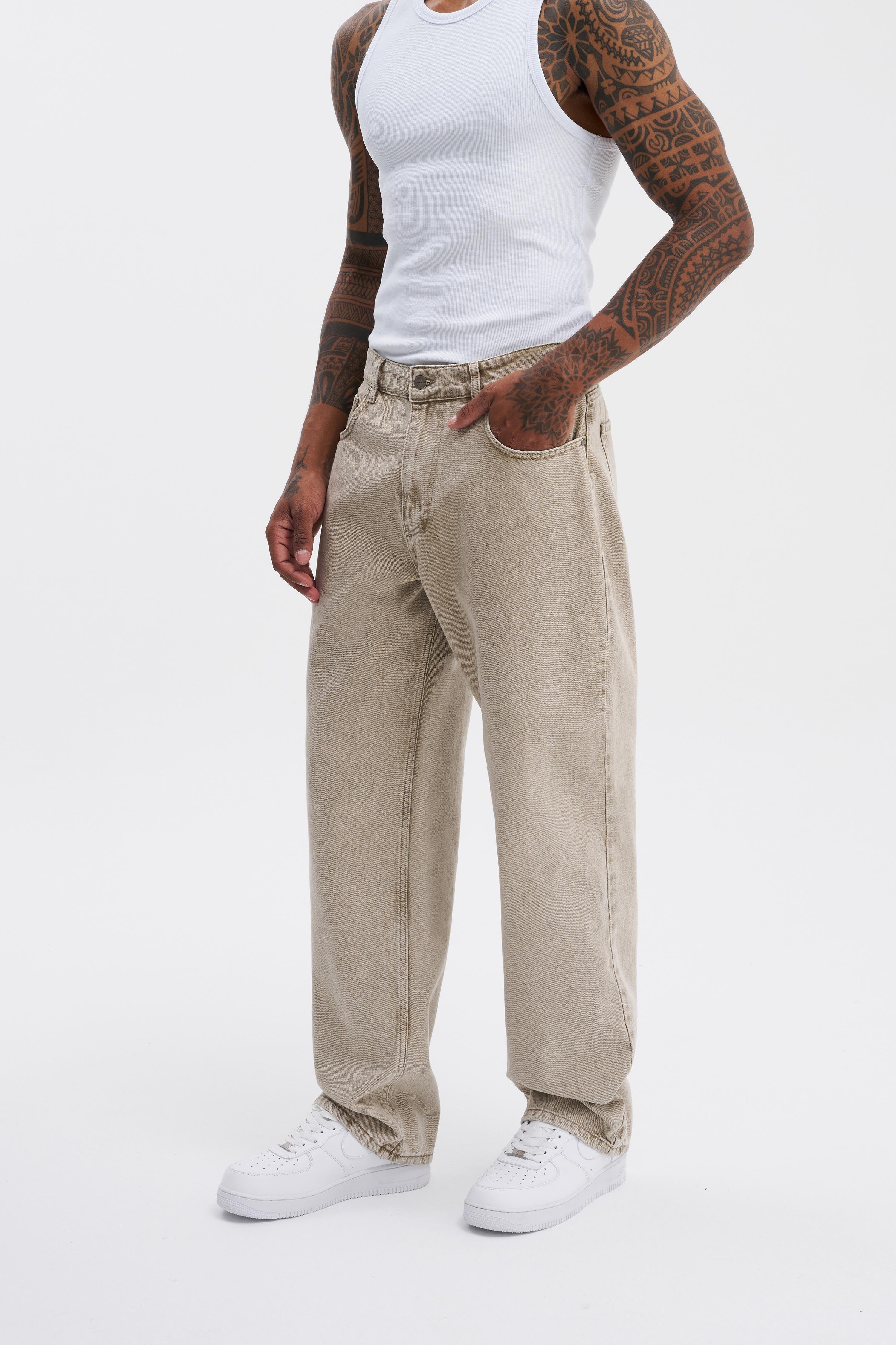 Erkek Relaxed Baggy Jean Efektli Beige Pantolon