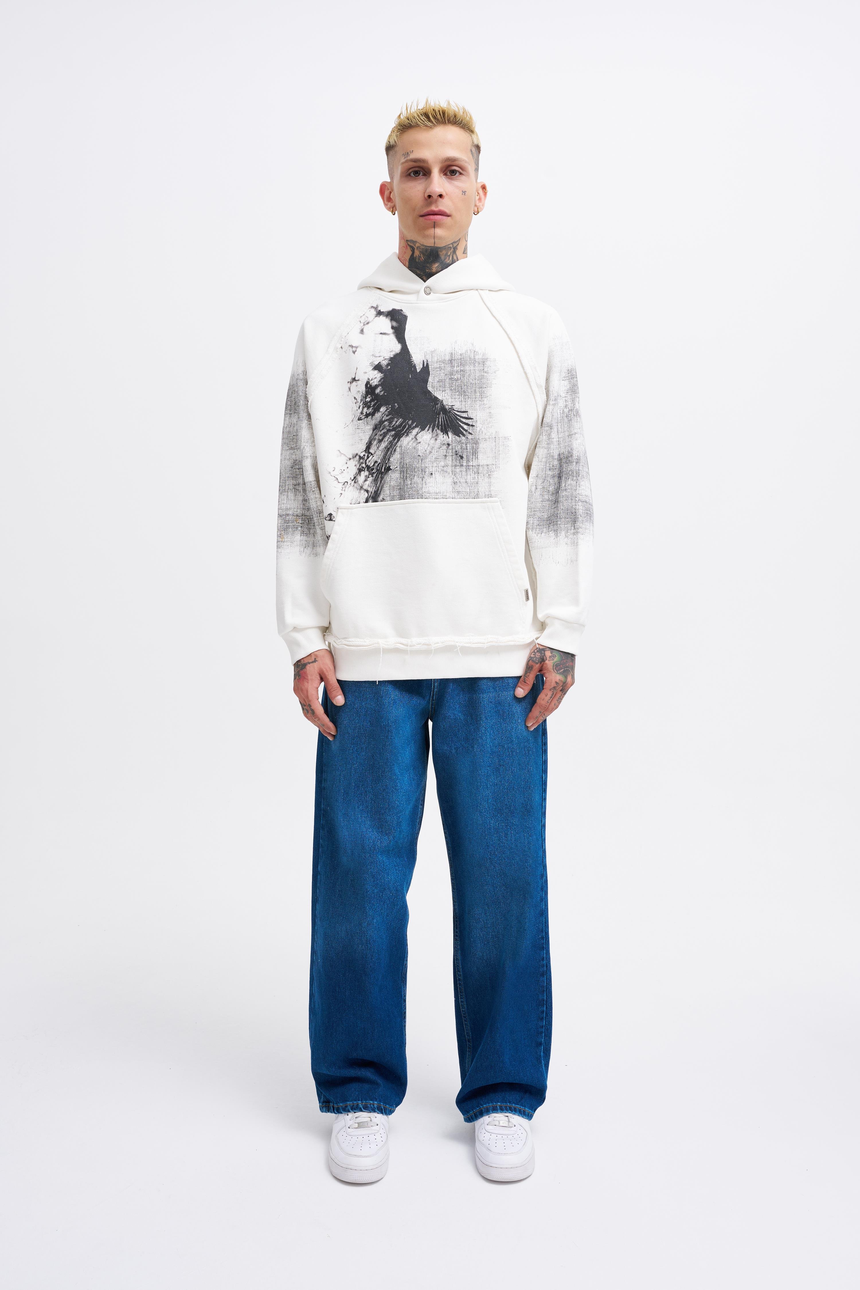 Erkek Tumbled Printed Hoodie ECRU