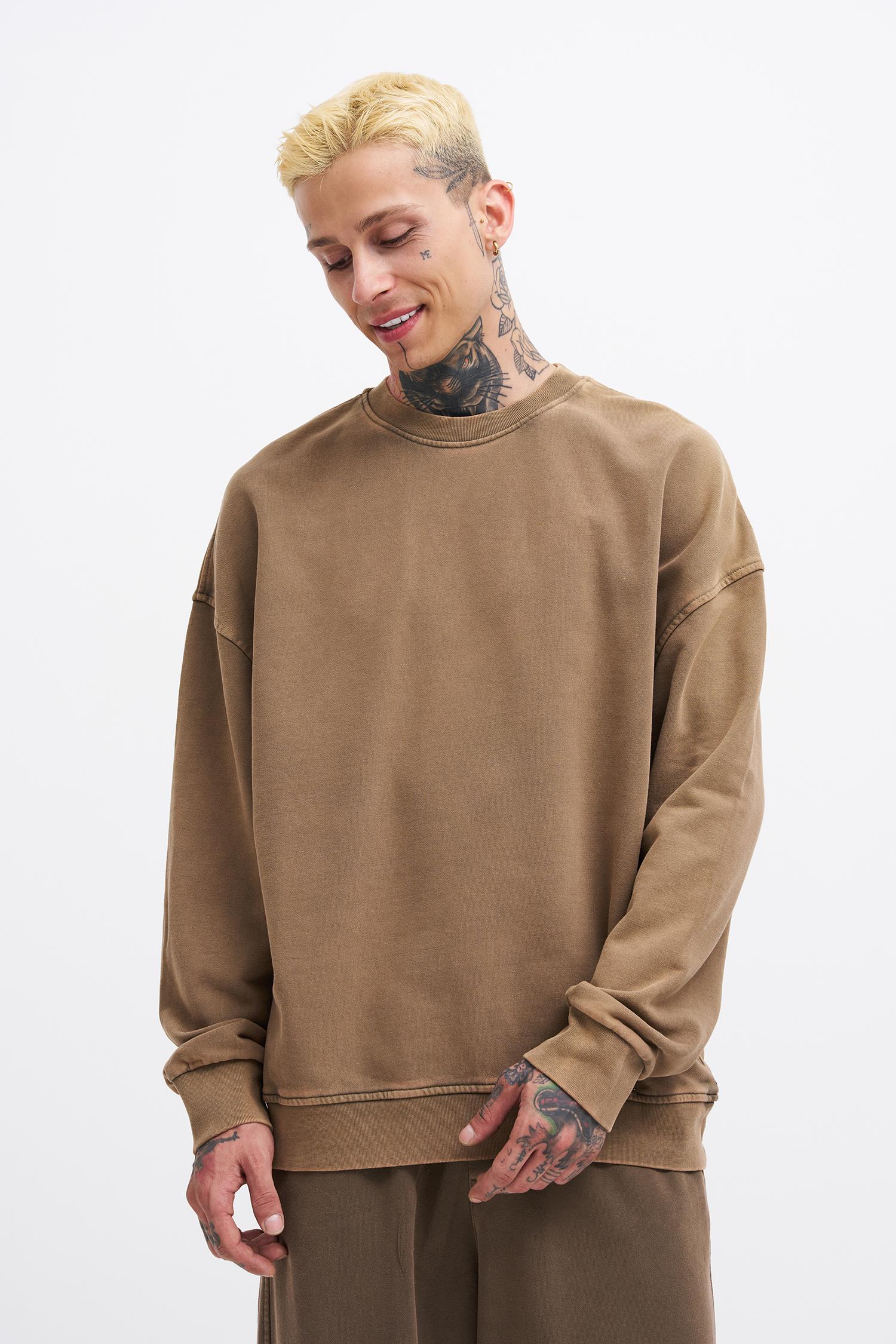 Erkek Yıkamalı Oversize Kahverengi Sweatshirt
