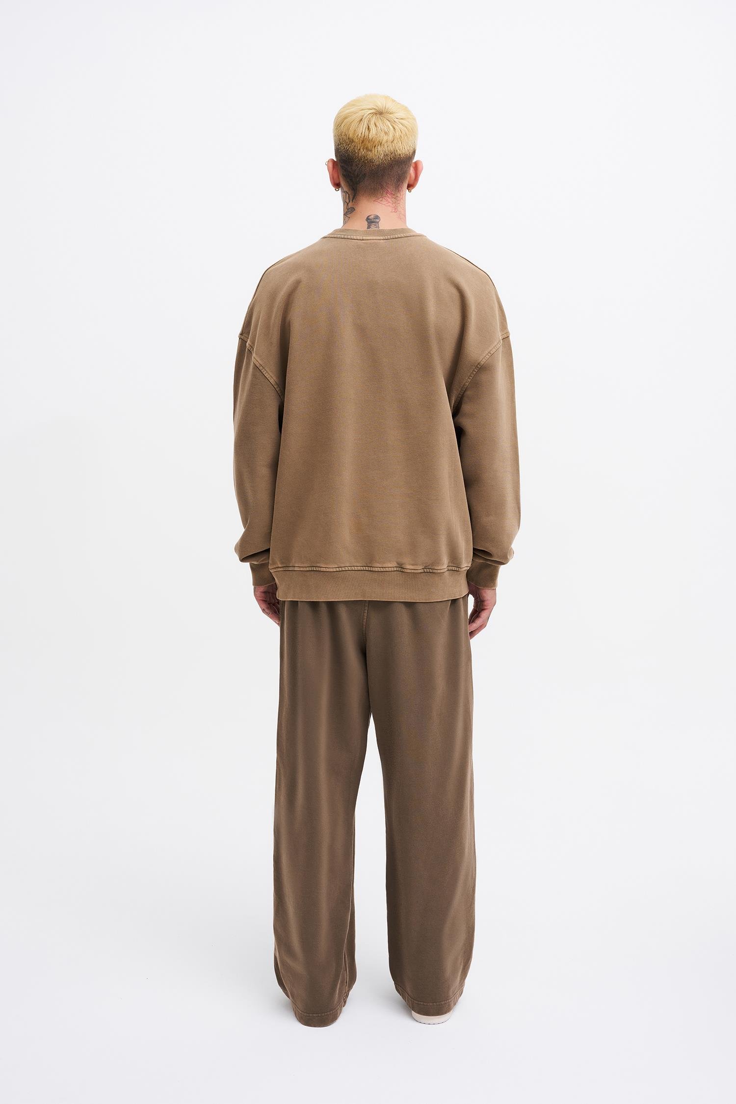 Erkek Yıkamalı Oversize Kahverengi Sweatshirt