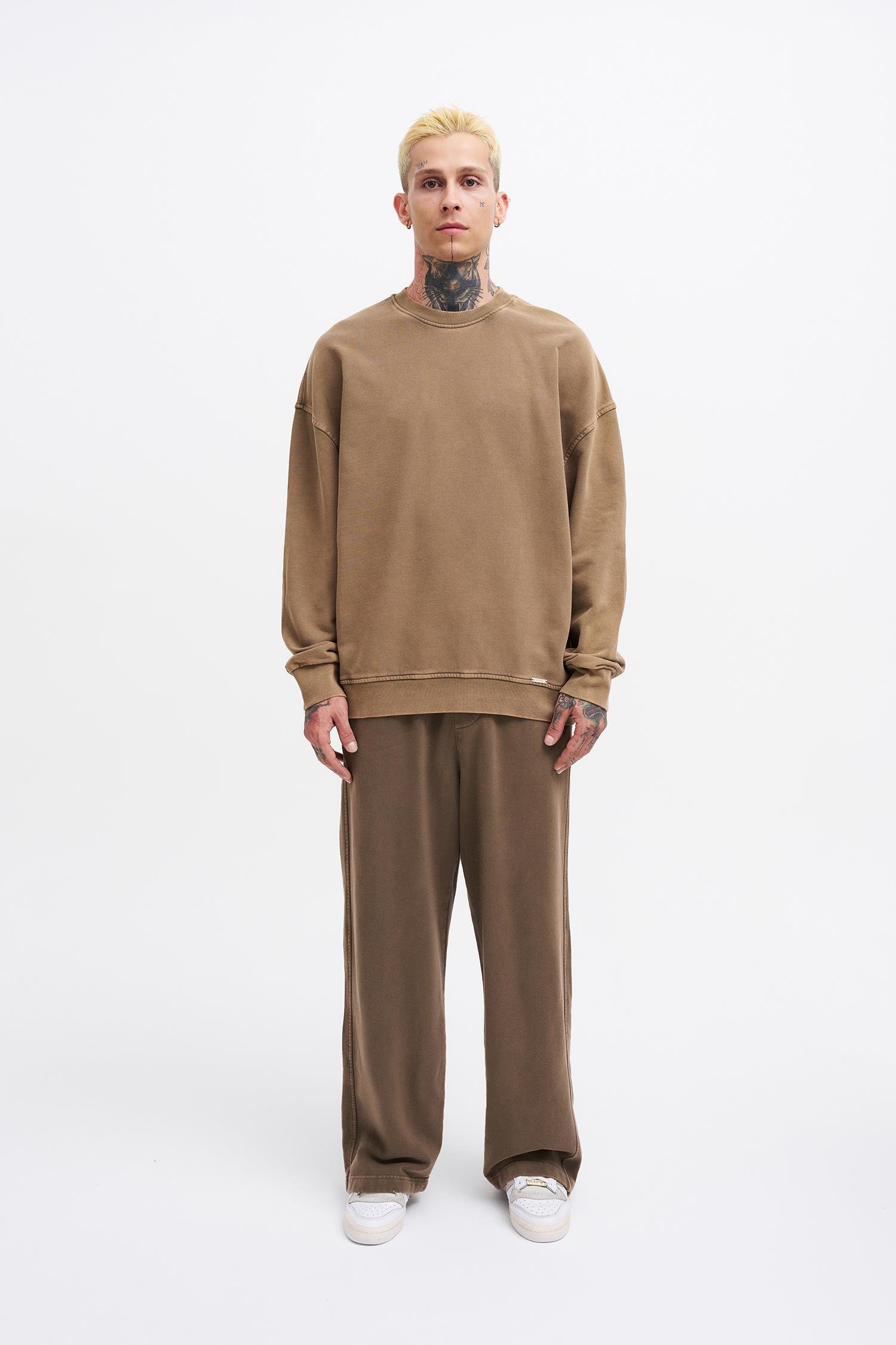 Erkek Yıkamalı Oversize Kahverengi Sweatshirt
