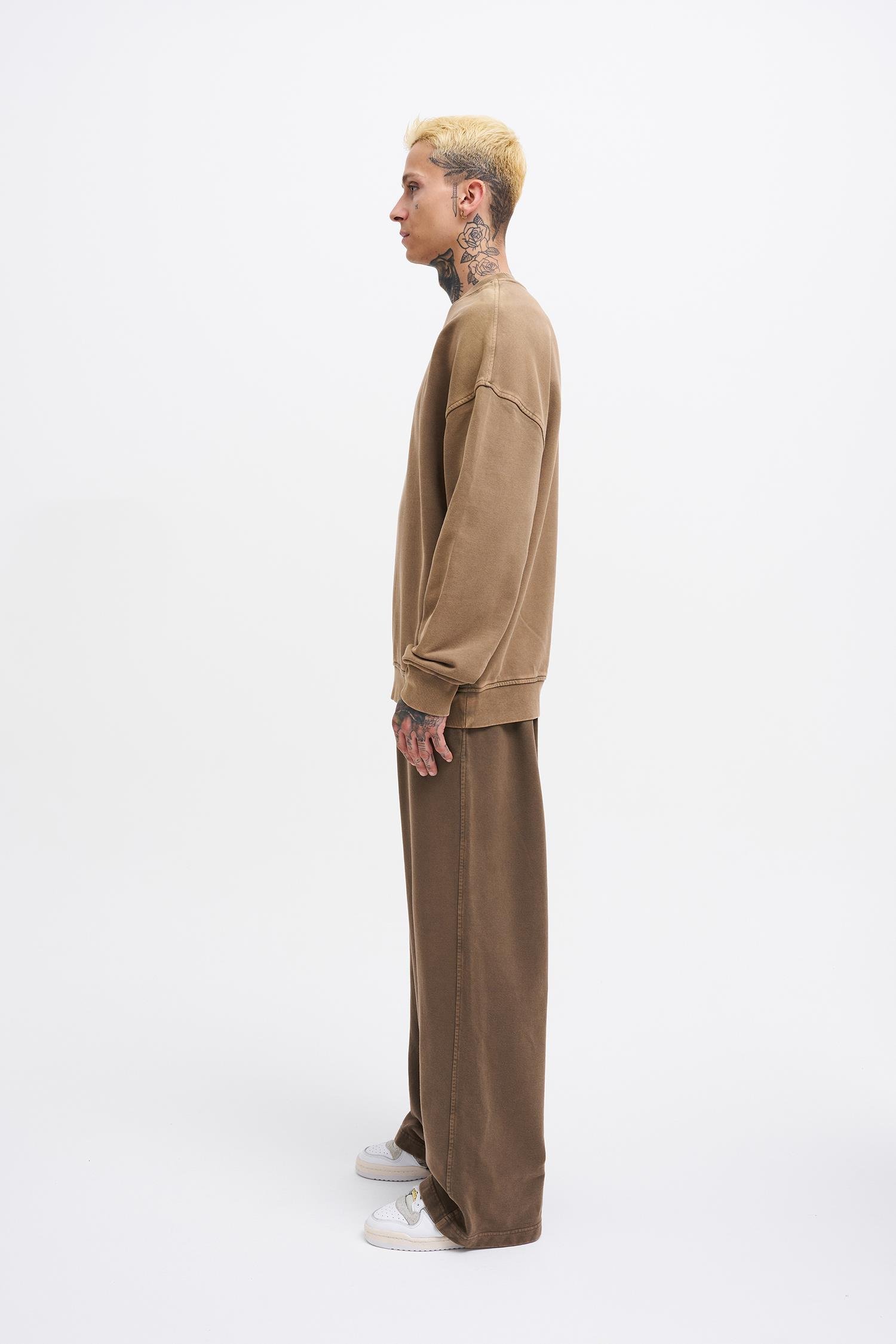Erkek Yıkamalı Oversize Kahverengi Sweatshirt