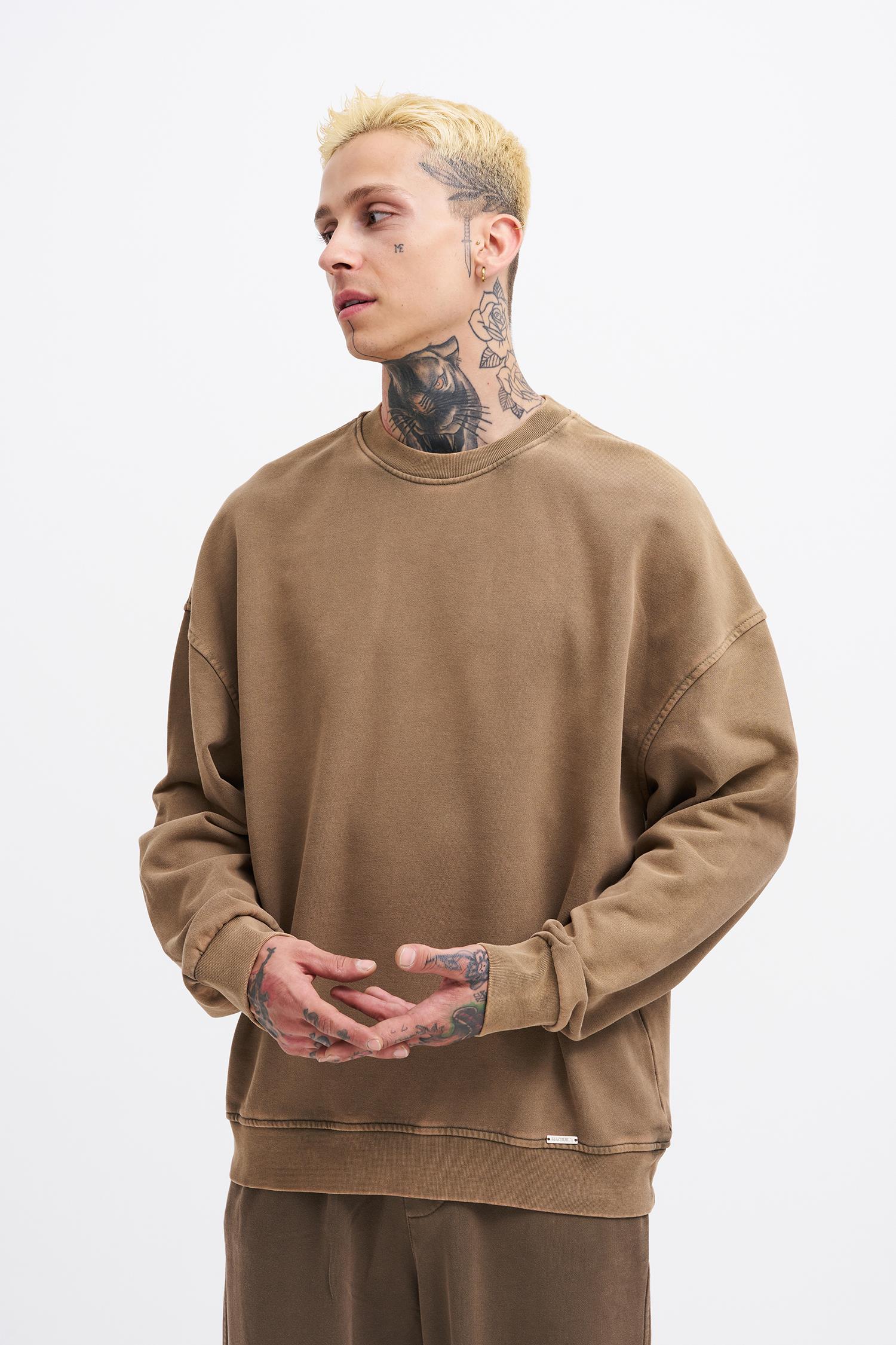 Erkek Yıkamalı Oversize Kahverengi Sweatshirt