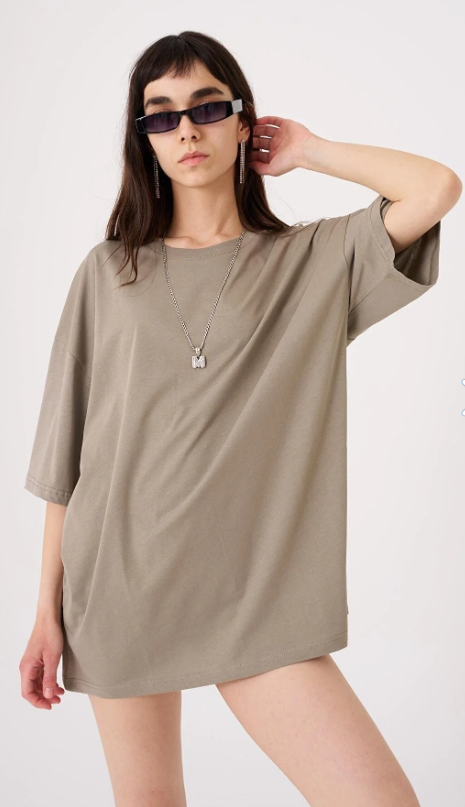 Kadın Basic Pamuklu Süprem Oversize Haki Tişört