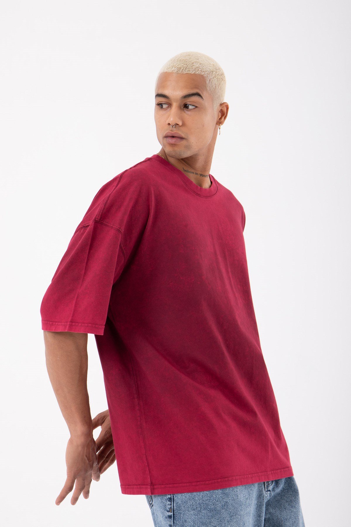 Oversize Basic Yıkamalı Kumaş T-Shirt VİSNE