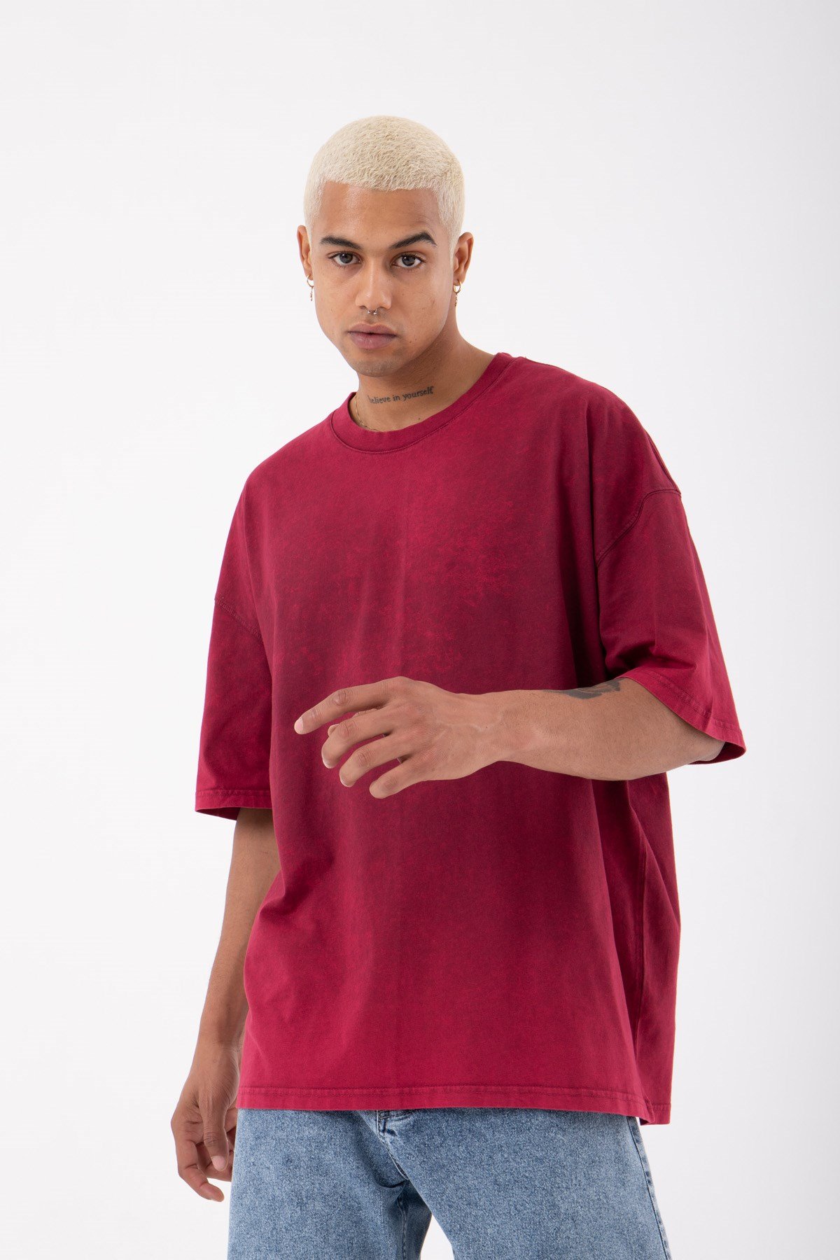 Oversize Basic Yıkamalı Kumaş T-Shirt VİSNE
