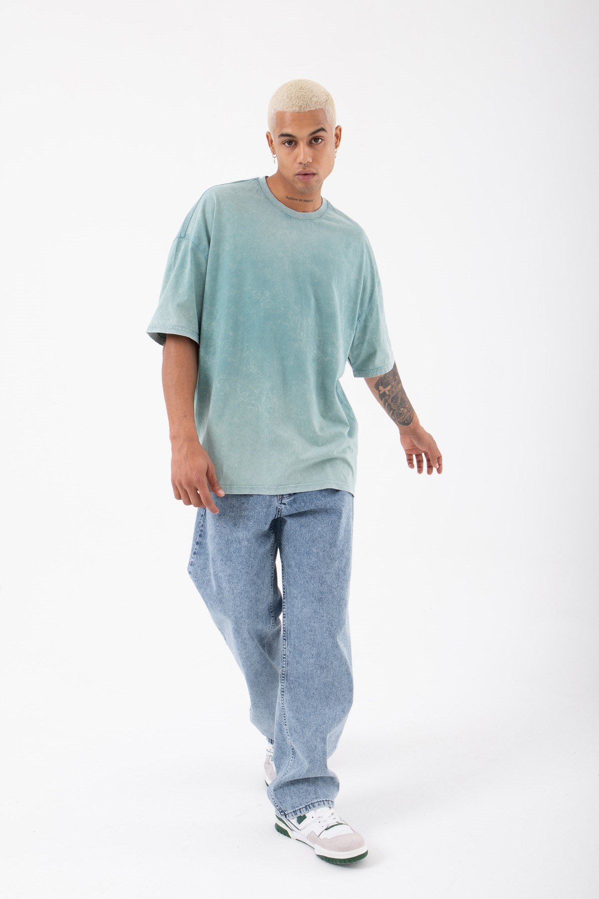 Oversize Basic Yıkamalı Kumaş T-Shirt MİNT