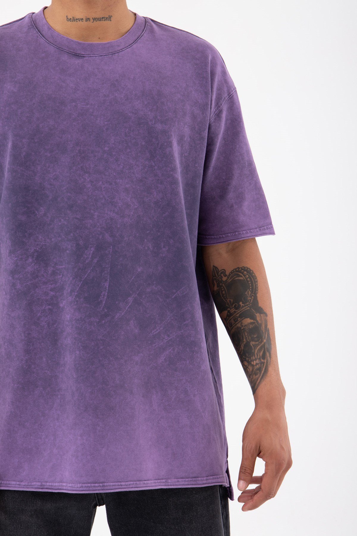 Relaxed Basic Yıkamalı Kumaş Yırtmaç Detaylı T-Shirt MOR