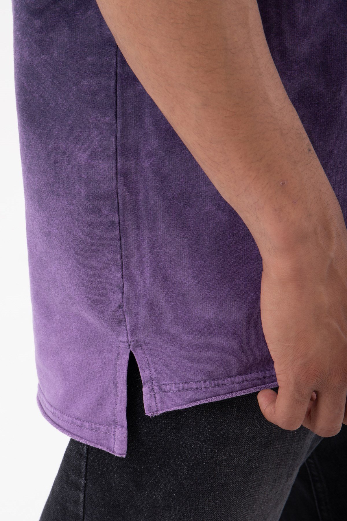 Relaxed Basic Yıkamalı Kumaş Yırtmaç Detaylı T-Shirt MOR