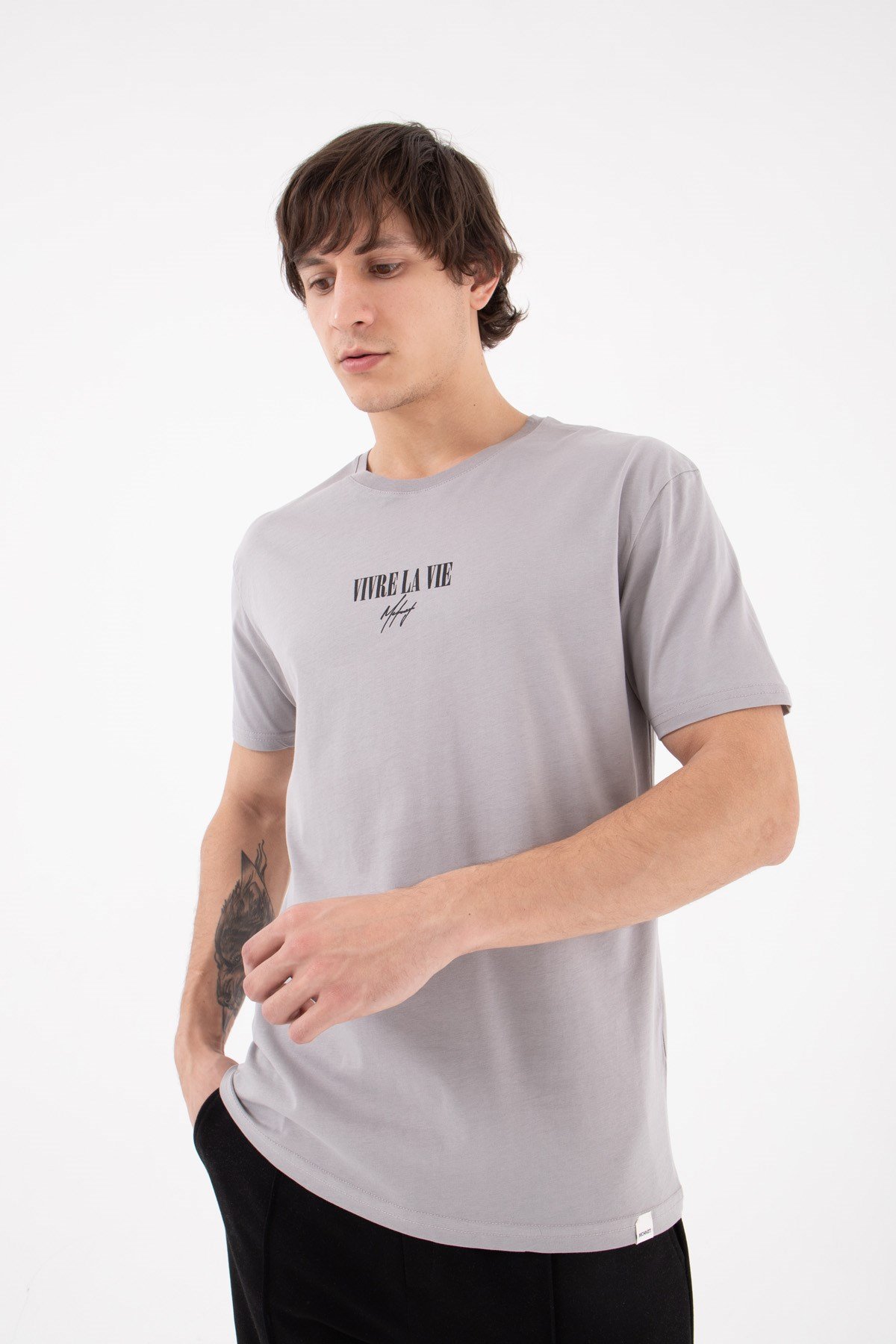 Regular Vivre La Vie Baskılı Pamuklu T-shirt ICE GRİ