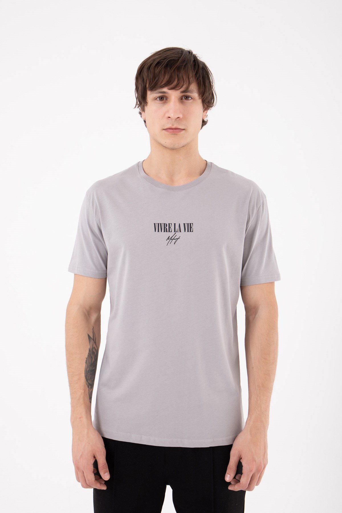 Regular Vivre La Vie Baskılı Pamuklu T-shirt ICE GRİ