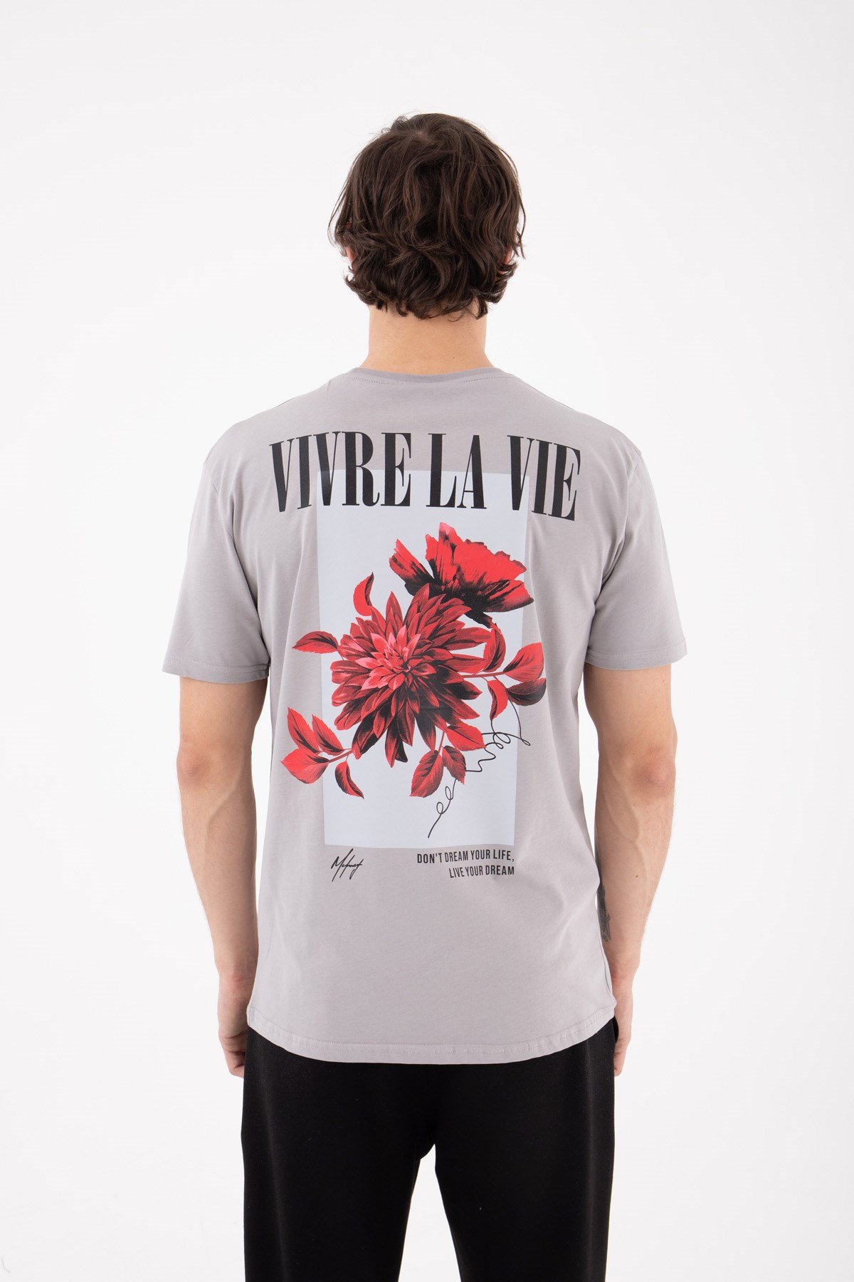 Regular Vivre La Vie Baskılı Pamuklu T-shirt ICE GRİ