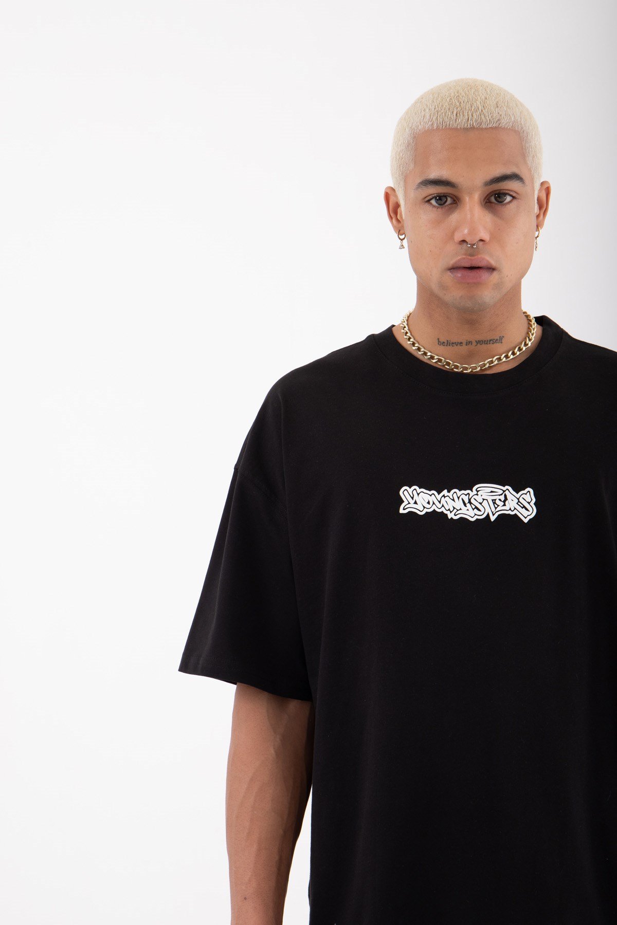 Oversize Youngsters Baskılı Pamuklu T-Shirt SİYAH