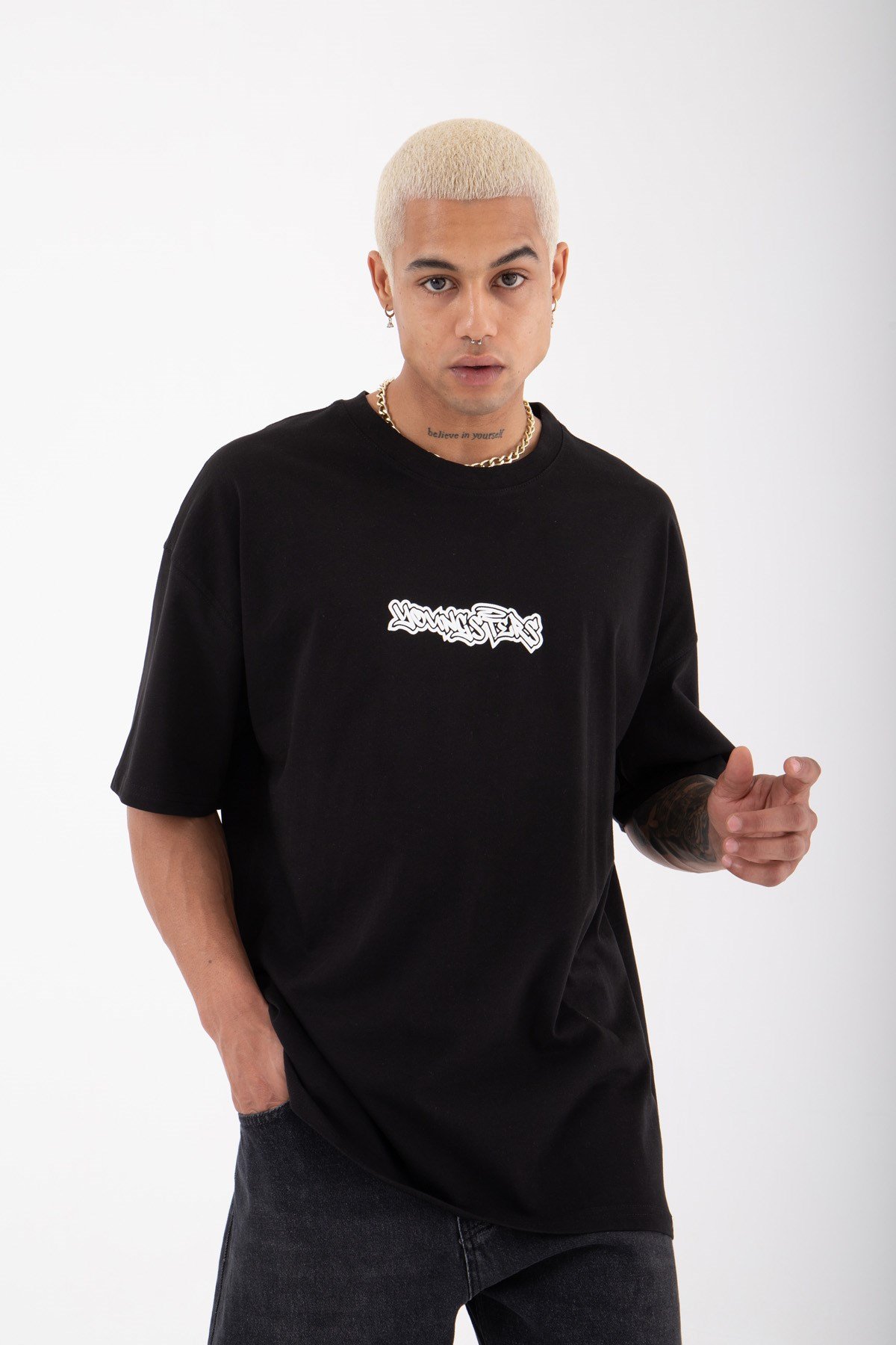 Oversize Youngsters Baskılı Pamuklu T-Shirt SİYAH