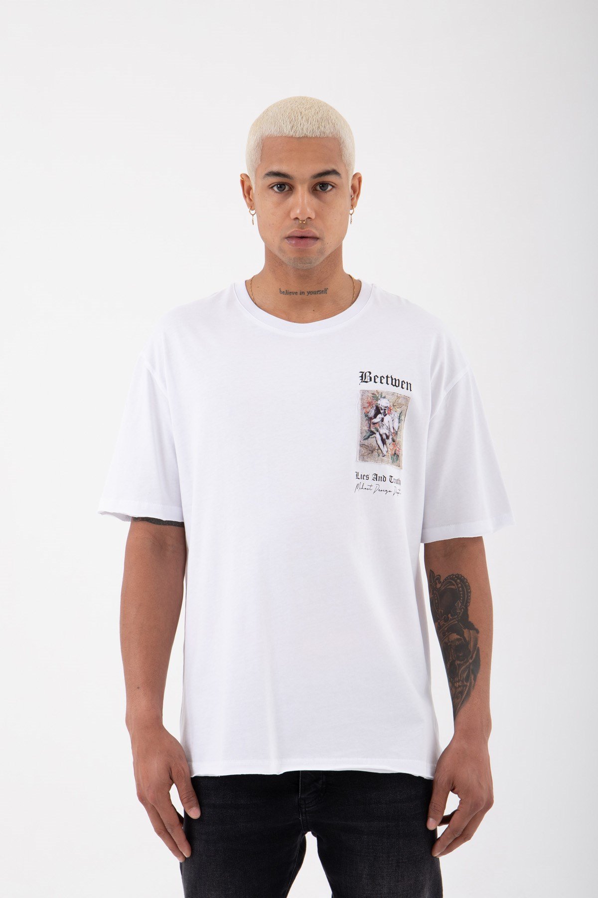 Relaxed Beetwen Baskılı Pamuklu T-shirt BEYAZ
