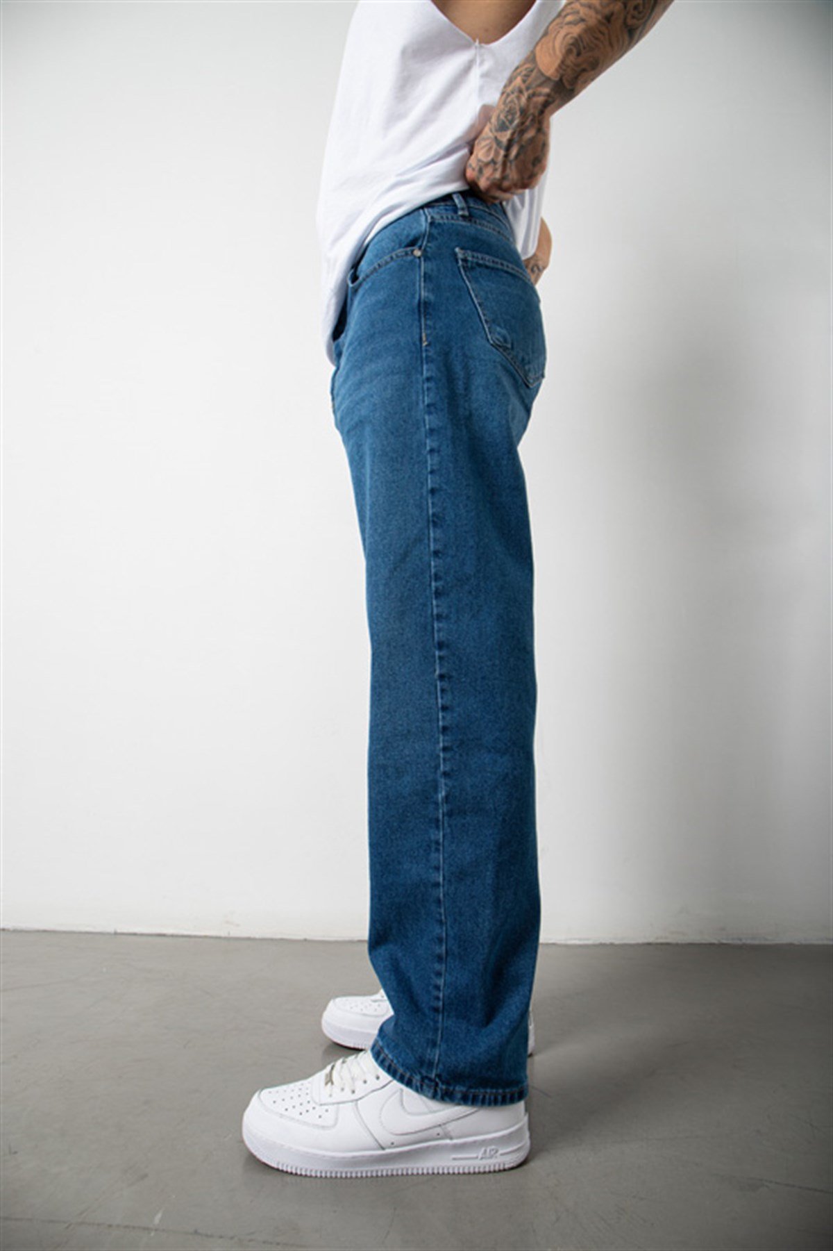 Baggy Relaxed Jean Efektli Mavi Pantolon
