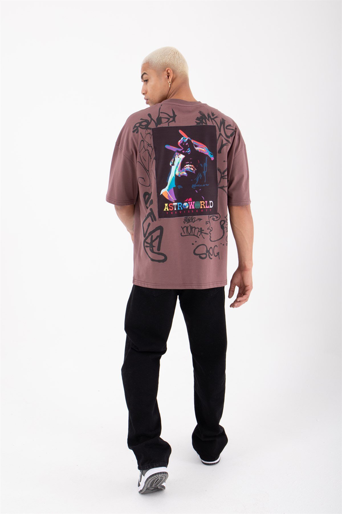 Oversize Astroworld Baskılı Pamuklu T-Shirt MÜRDÜM