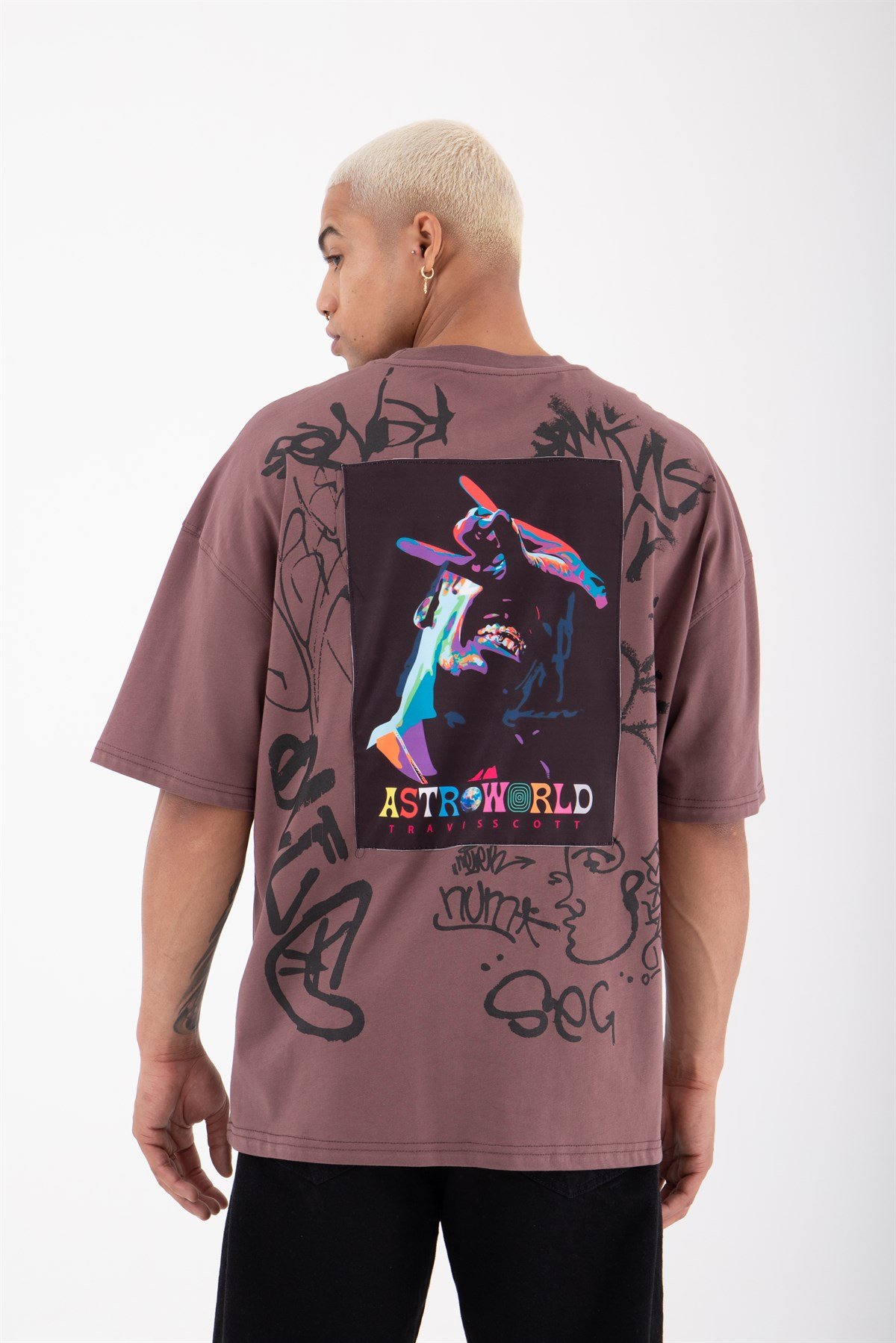 Oversize Astroworld Baskılı Pamuklu T-Shirt MÜRDÜM