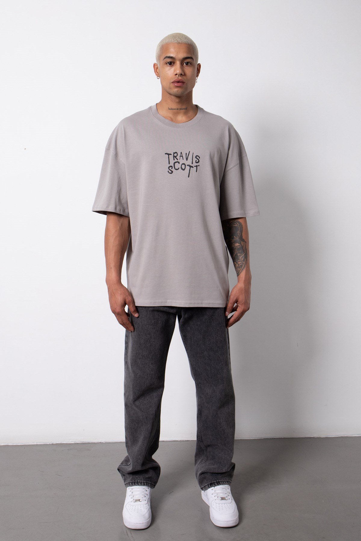 Oversize Astroworld Baskılı Pamuklu T-Shirt ICE GRİ