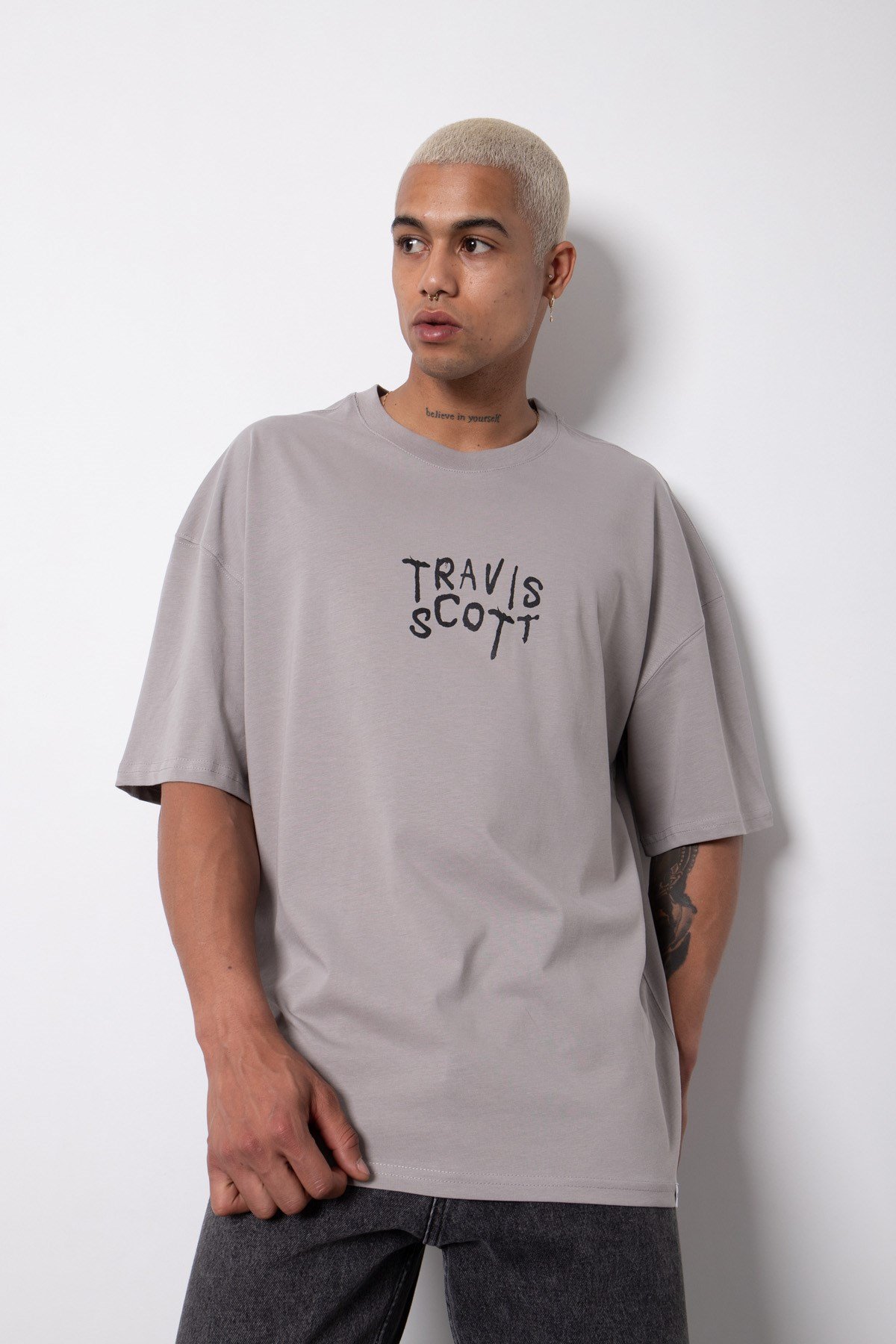 Oversize Astroworld Baskılı Pamuklu T-Shirt ICE GRİ