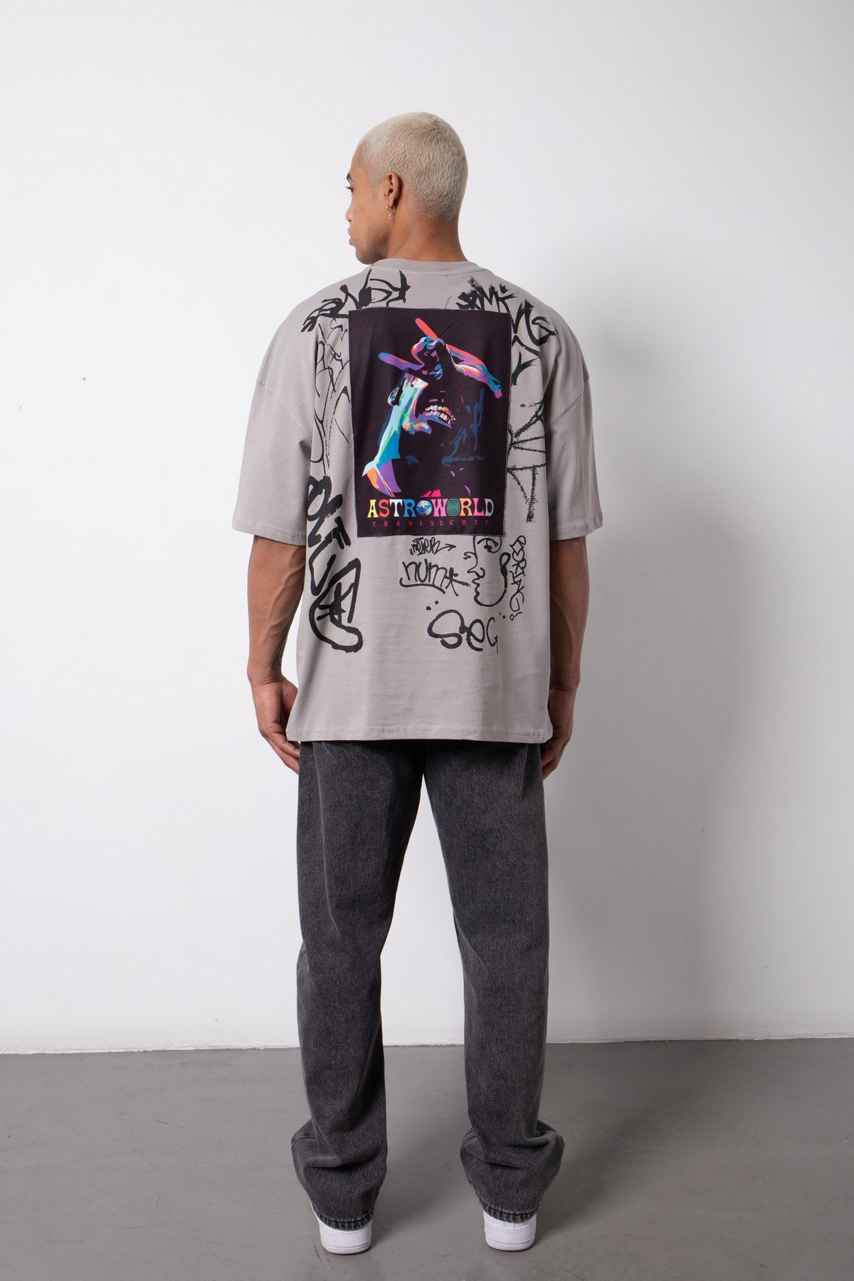 Oversize Astroworld Baskılı Pamuklu T-Shirt ICE GRİ