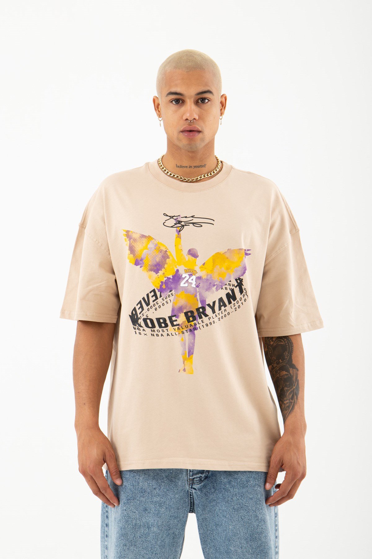Oversize Kobe Bryant Baskılı Pamuklu T-Shirt BEJ
