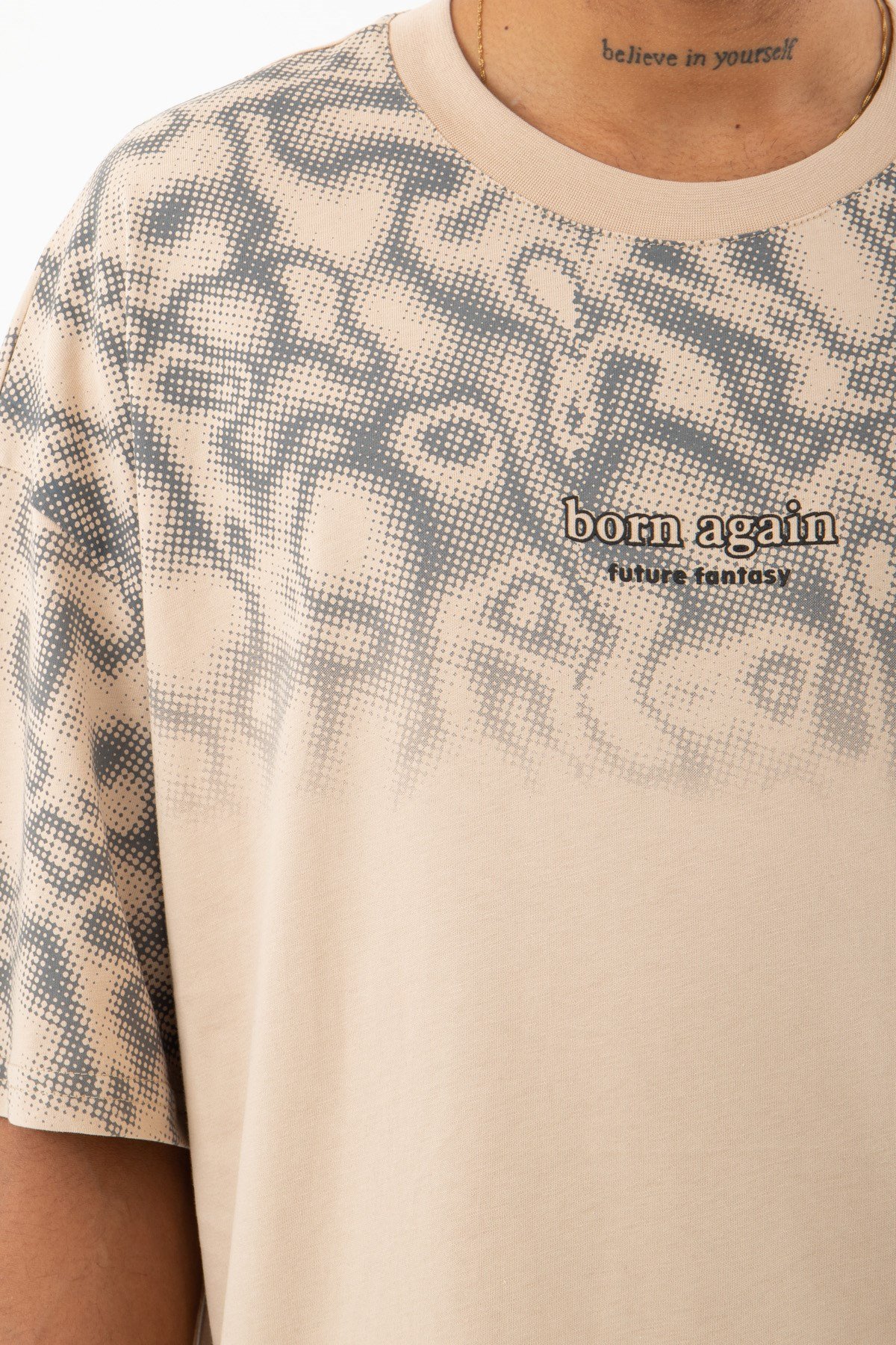 Oversize Born Agaın Future Baskılı Pamuklu T-Shirt BEJ