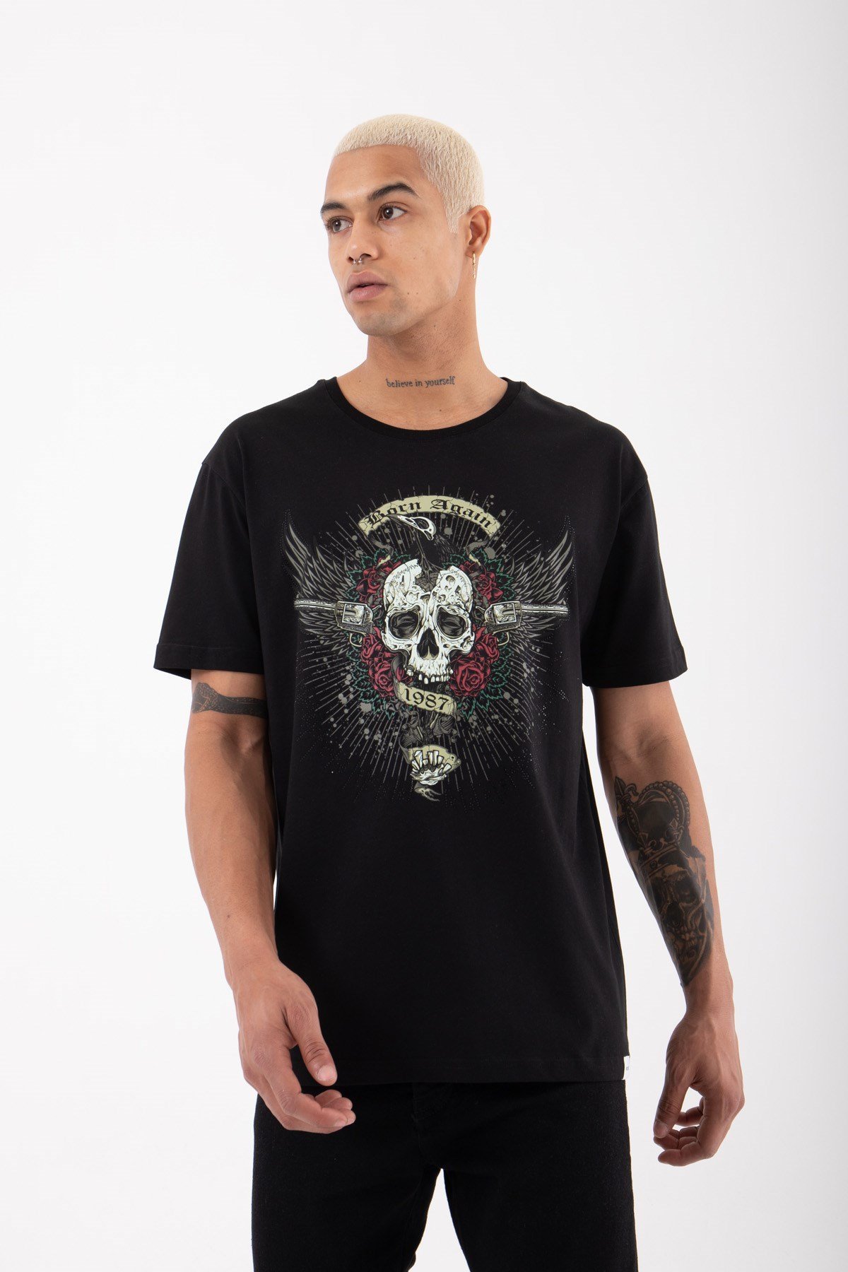 Regular Skull Baskılı Pamuklu T-Shirt SİYAH