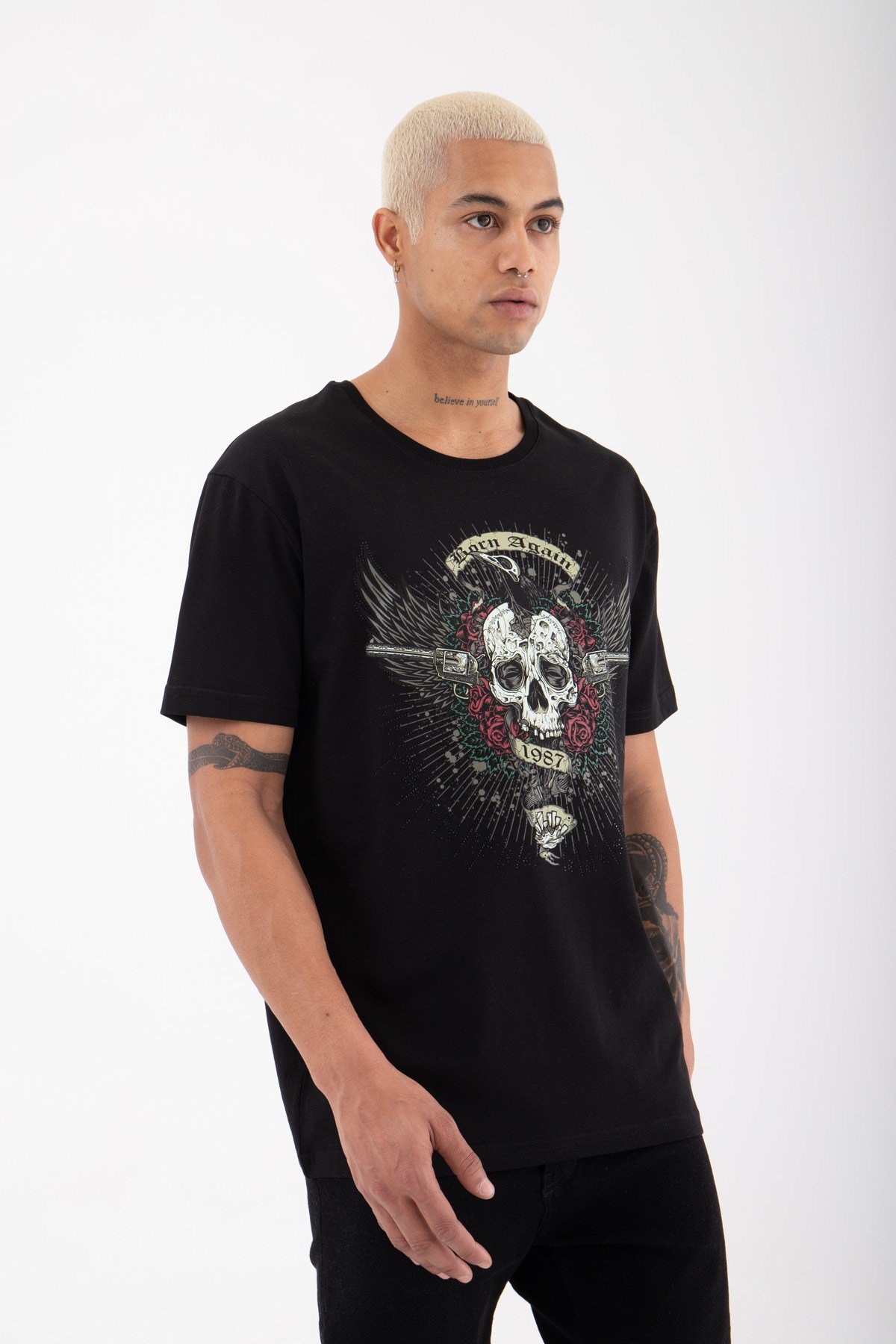 Regular Skull Baskılı Pamuklu T-Shirt SİYAH