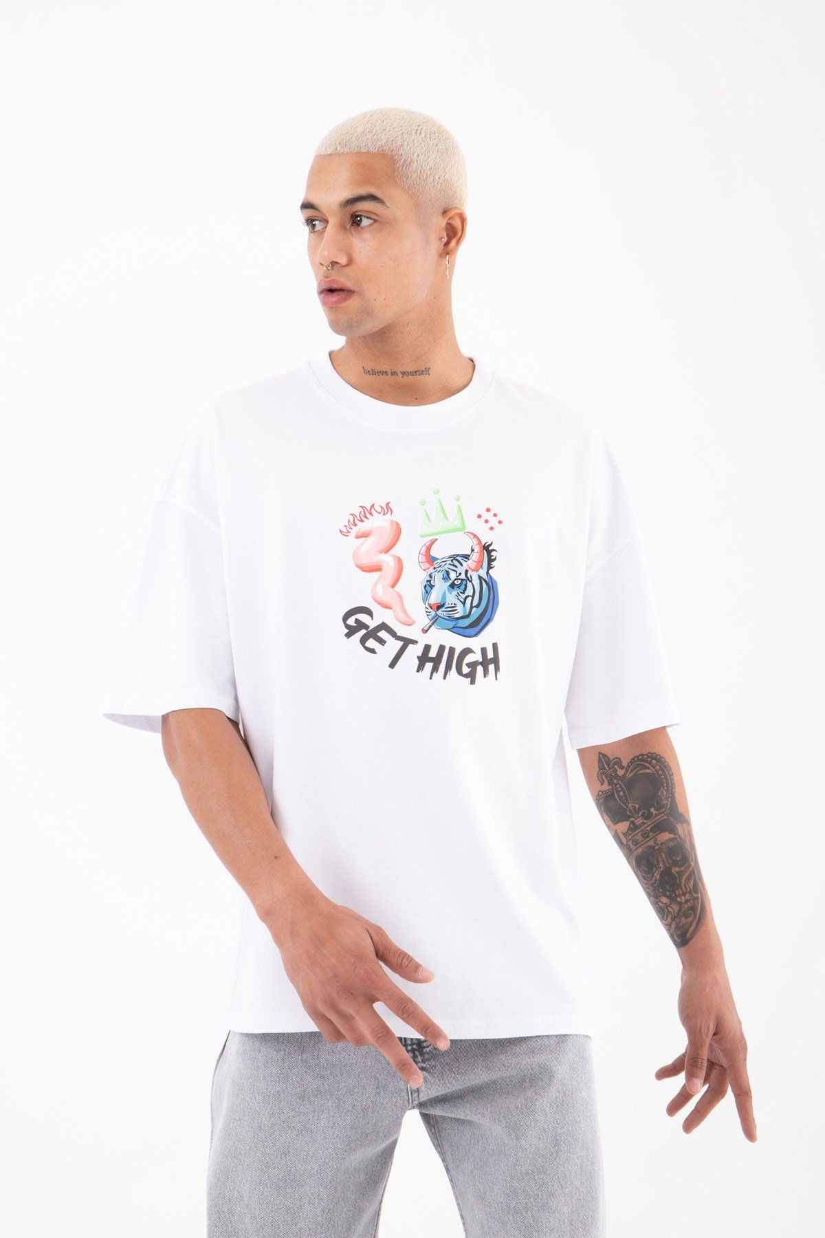 Oversize Get Hıgh Baskılı Pamuk T-Shirt BEYAZ
