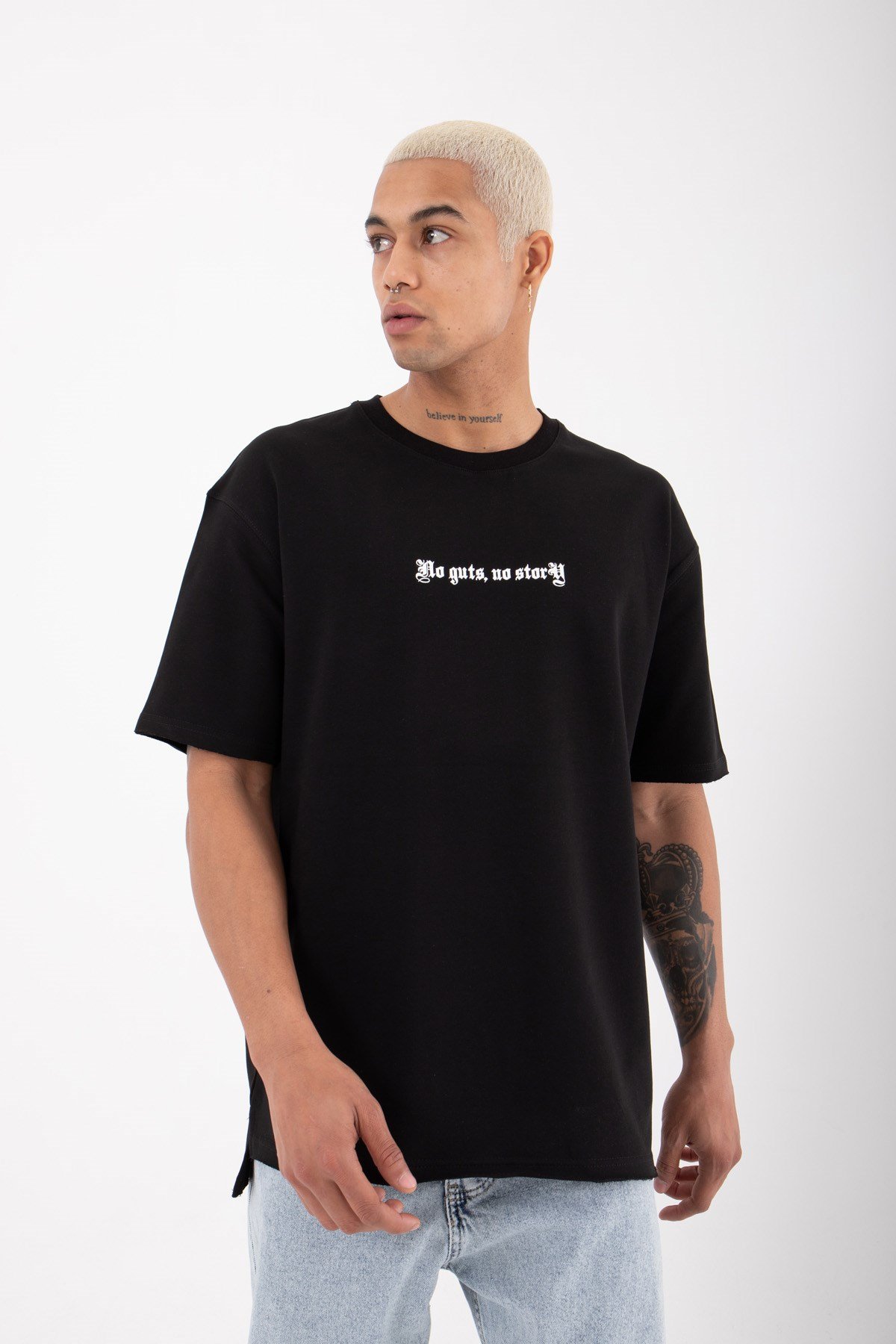 Relaxed No Guts No Story Baskılı Pamuklu T-Shirt SİYAH