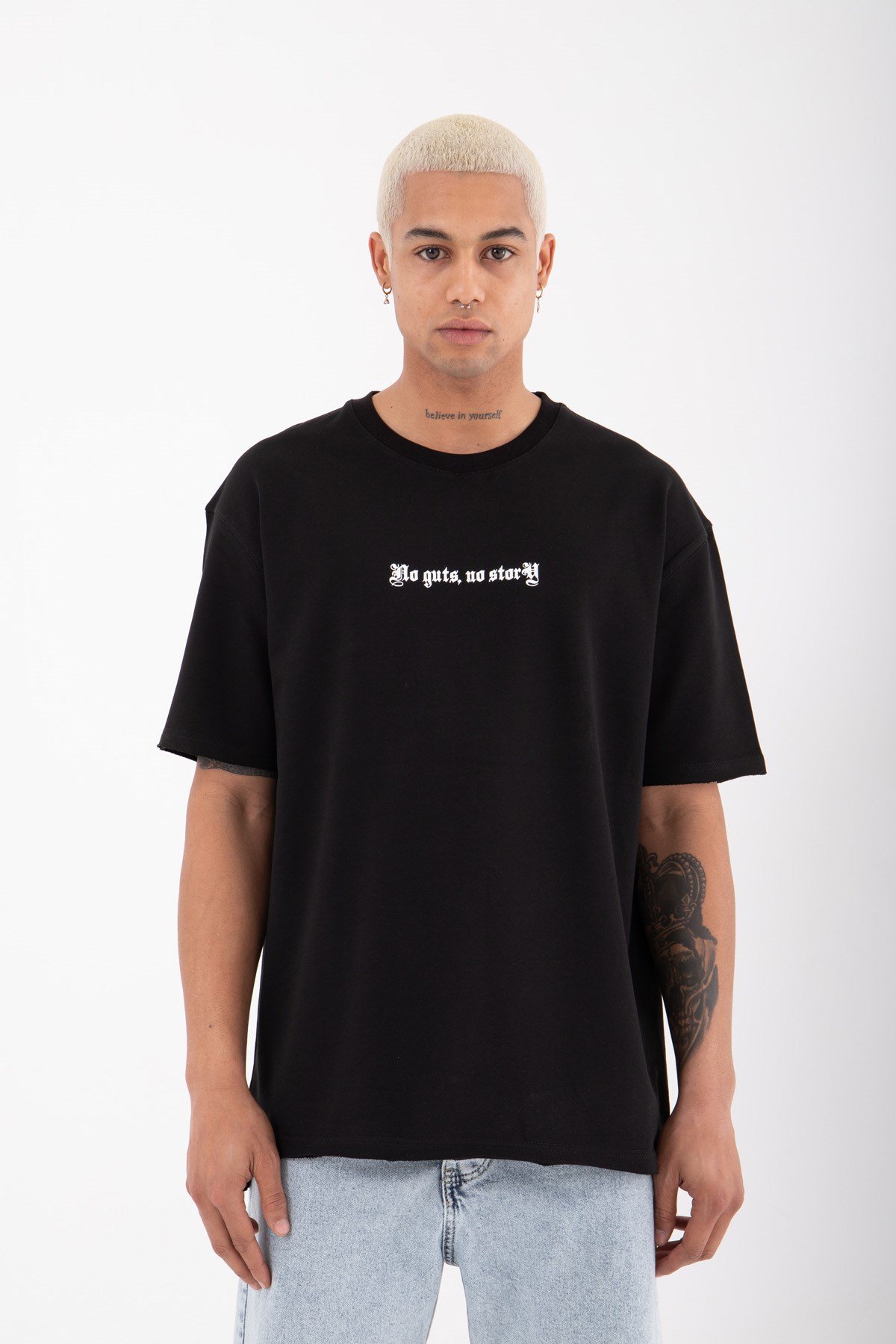 Relaxed No Guts No Story Baskılı Pamuklu T-Shirt SİYAH