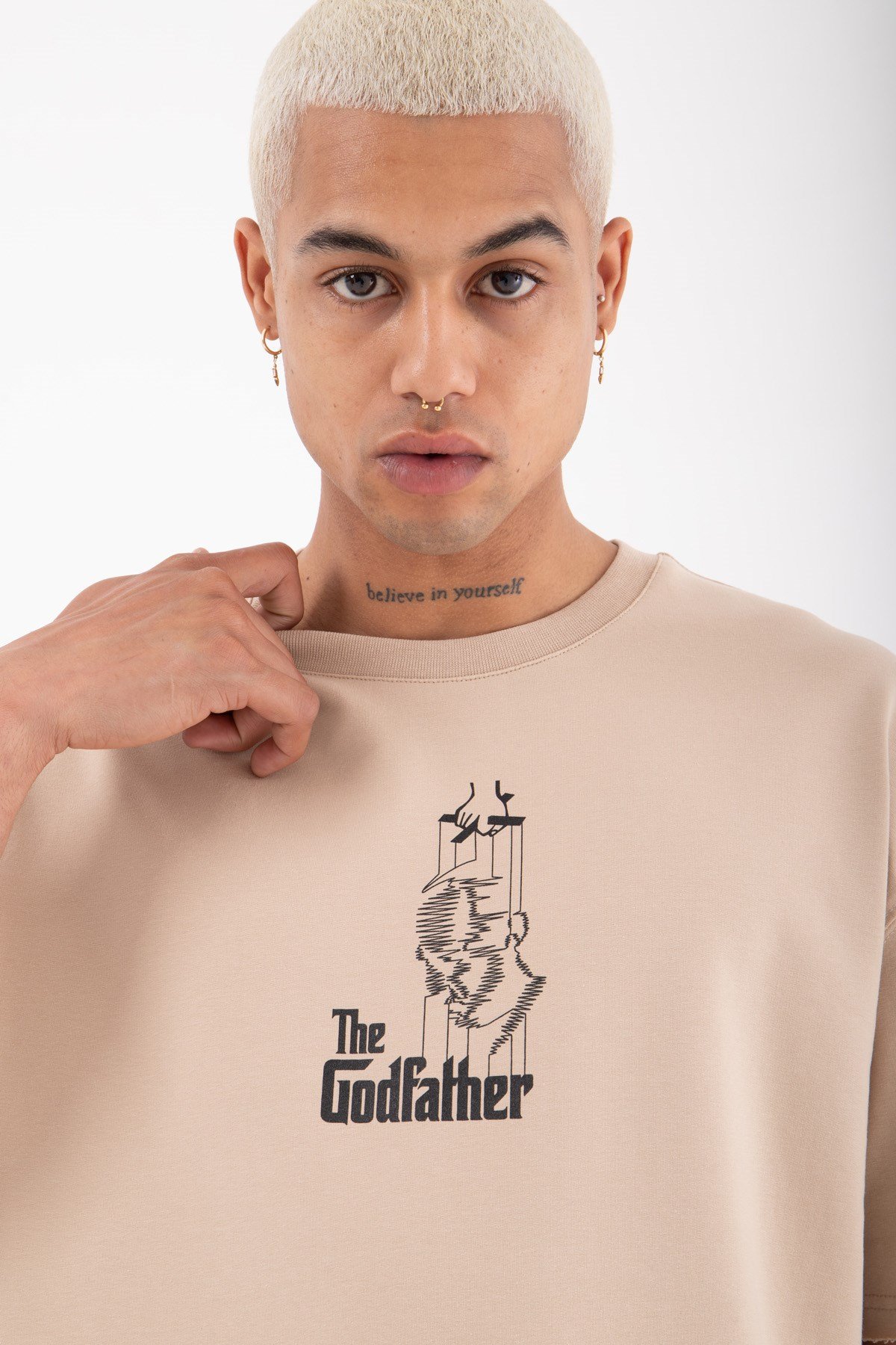 Oversize The Godfather Basklı Pamuklu T-Shirt BEJ