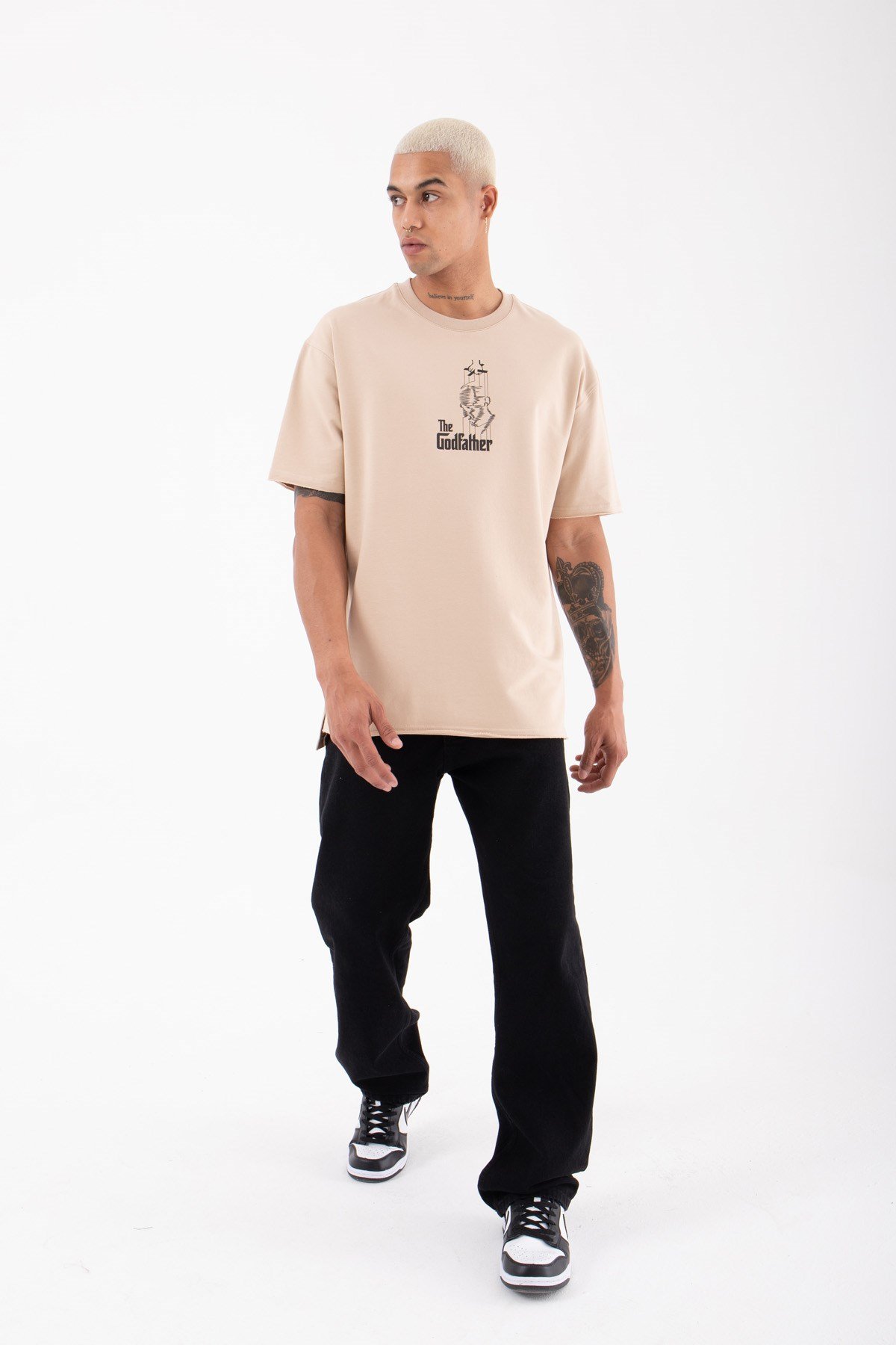 Oversize The Godfather Basklı Pamuklu T-Shirt BEJ