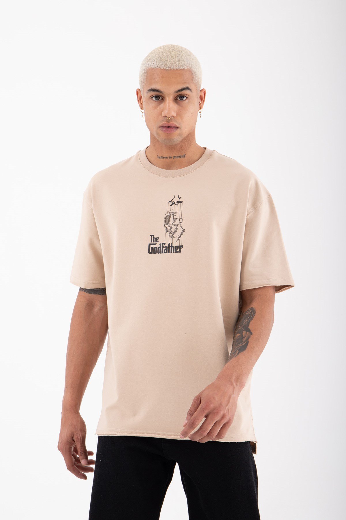 Oversize The Godfather Basklı Pamuklu T-Shirt BEJ