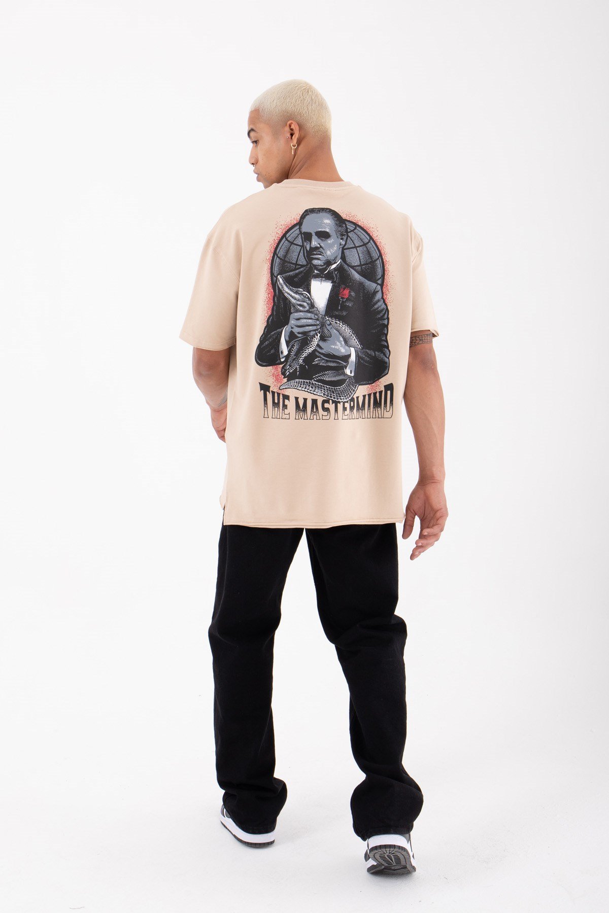 Oversize The Godfather Basklı Pamuklu T-Shirt BEJ