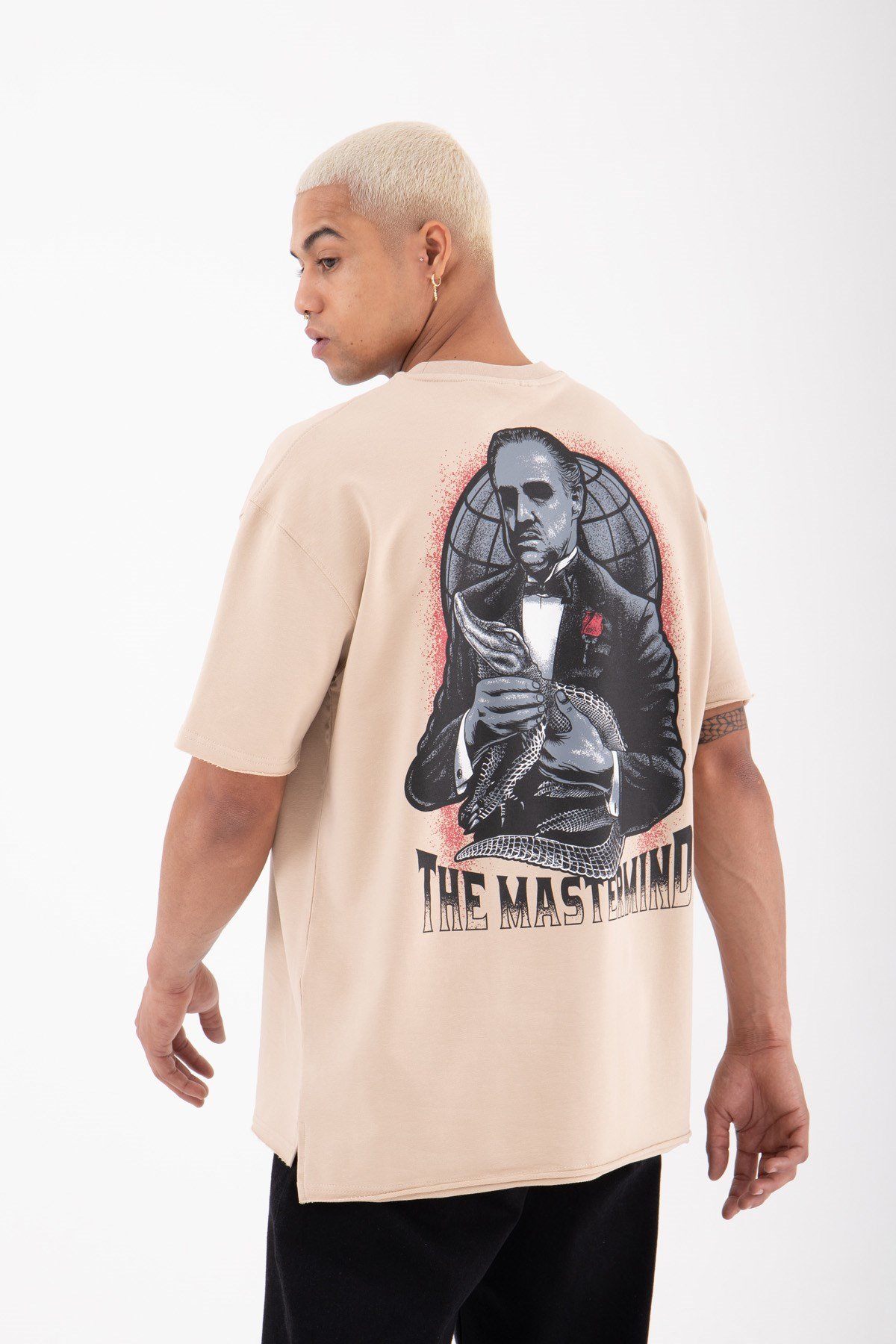 Oversize The Godfather Basklı Pamuklu T-Shirt BEJ