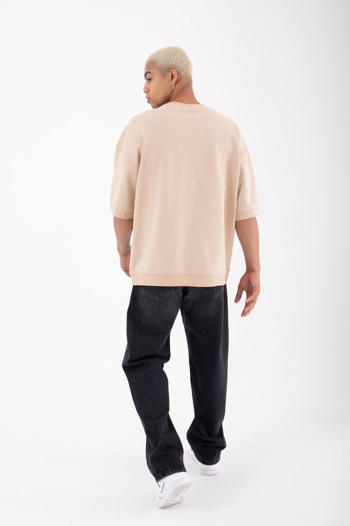 Oversize Basice Ribanalı Organik Pamuklu T-Shirt BEJ