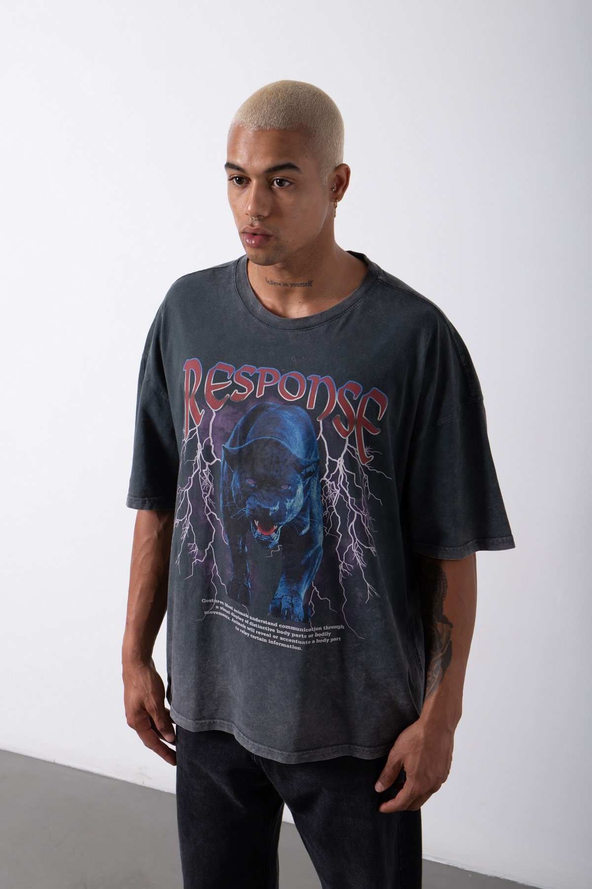 Oversize Yıkamalı Response Baskılı Pamuklu T-Shirt SİYAH