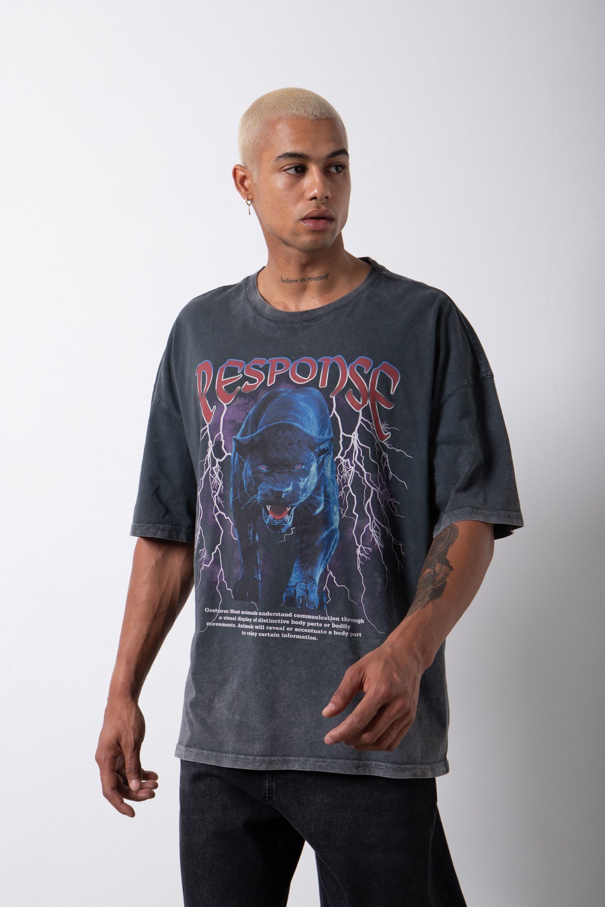 Oversize Yıkamalı Response Baskılı Pamuklu T-Shirt SİYAH