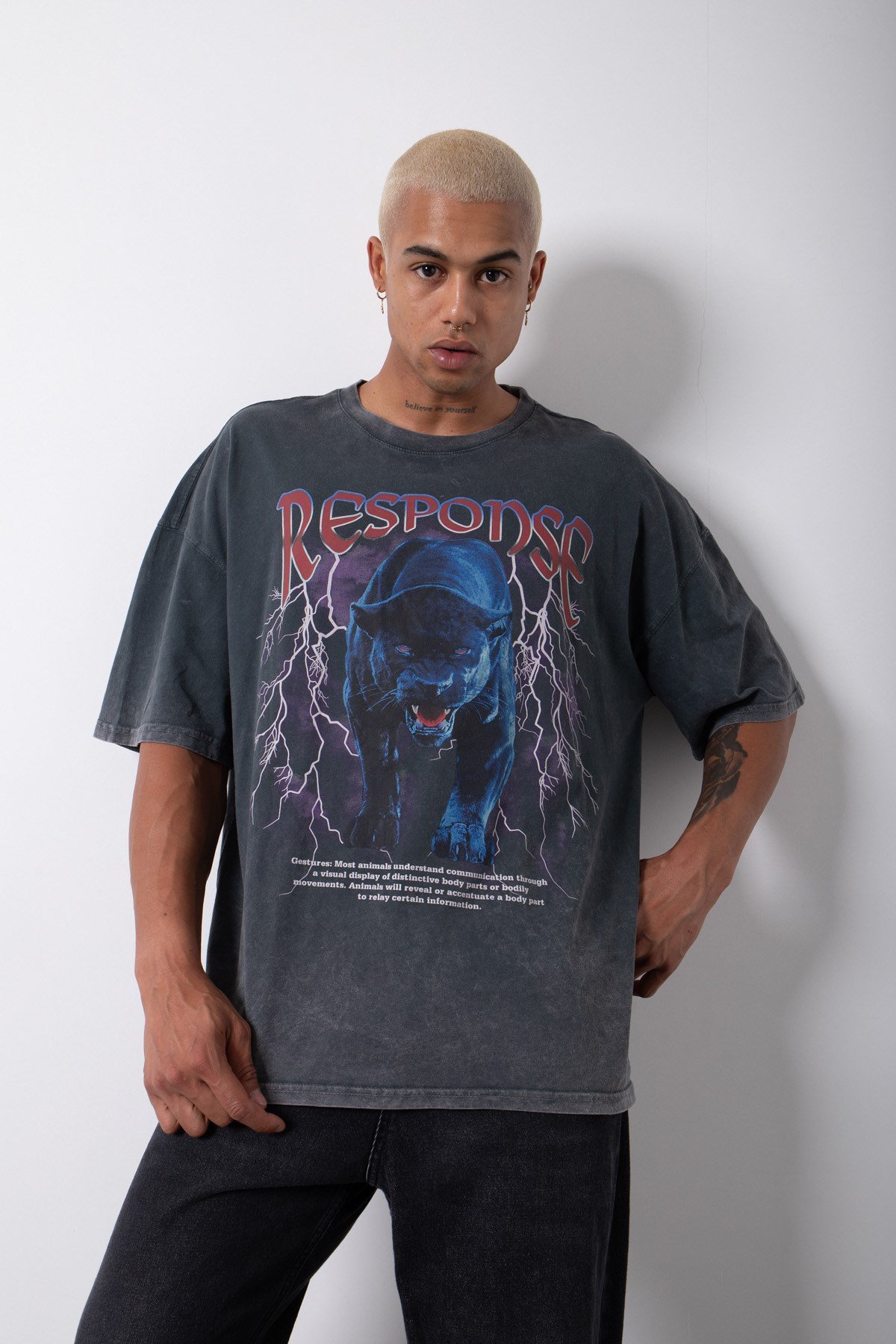 Oversize Yıkamalı Response Baskılı Pamuklu T-Shirt SİYAH